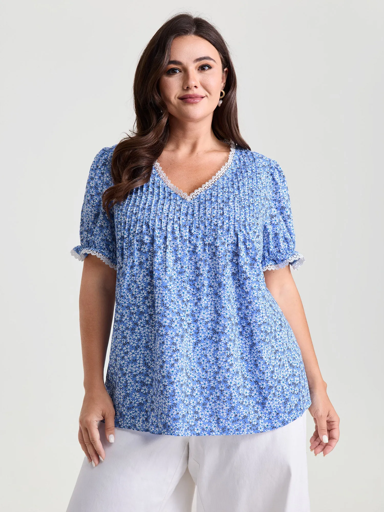 Micro Floral Print Lace Trim Blouse sold by Bloomchic