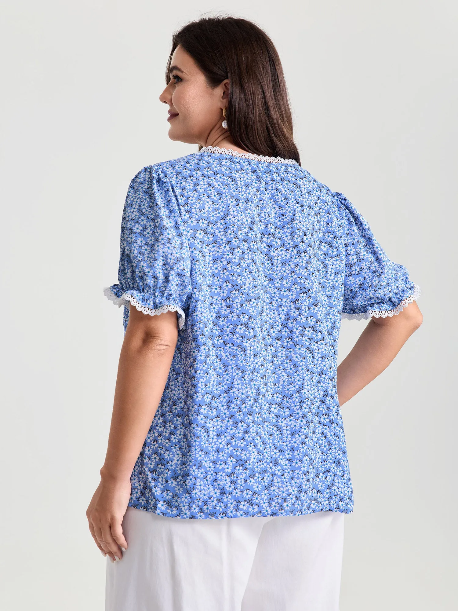 Micro Floral Print Lace Trim Blouse sold by Bloomchic product image thumbnail 4