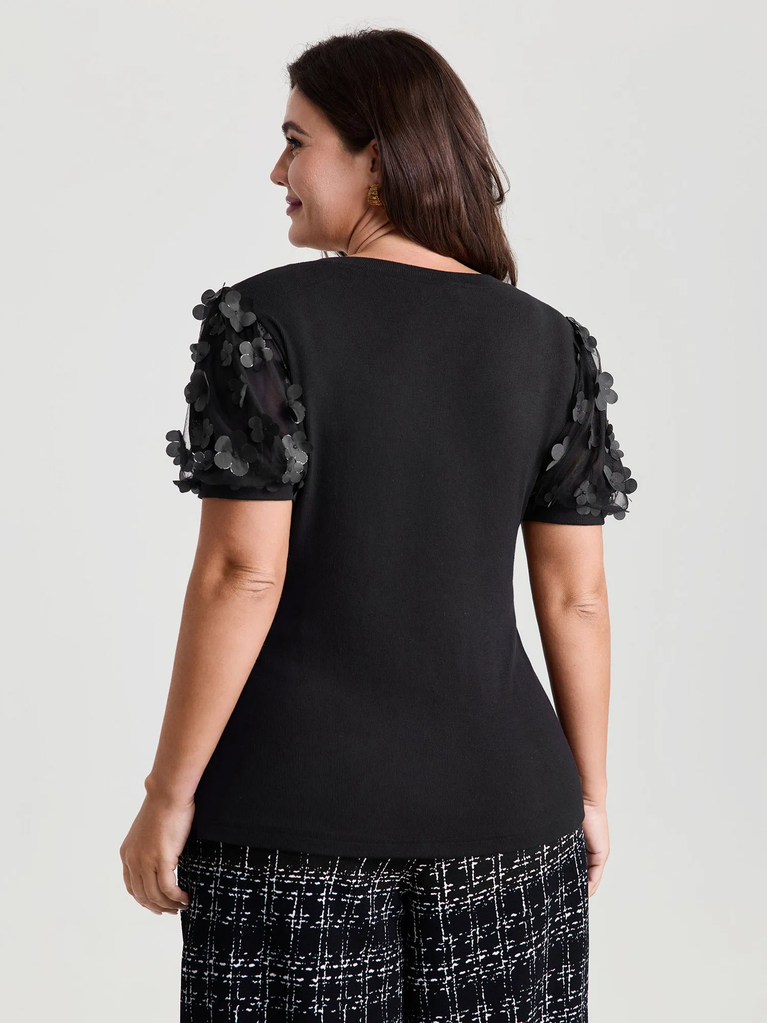 Floral Textured Sheer Sleeve V-Neck Blouse sold by Bloomchic product image thumbnail 4