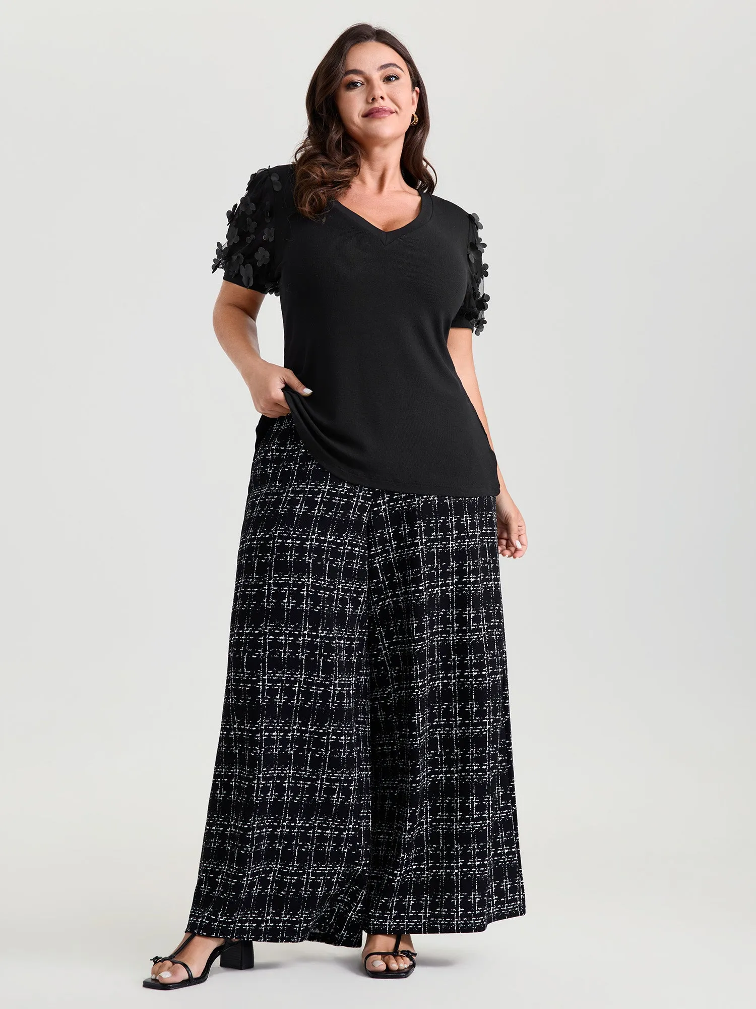 Floral Textured Sheer Sleeve V-Neck Blouse sold by Bloomchic product image thumbnail 3