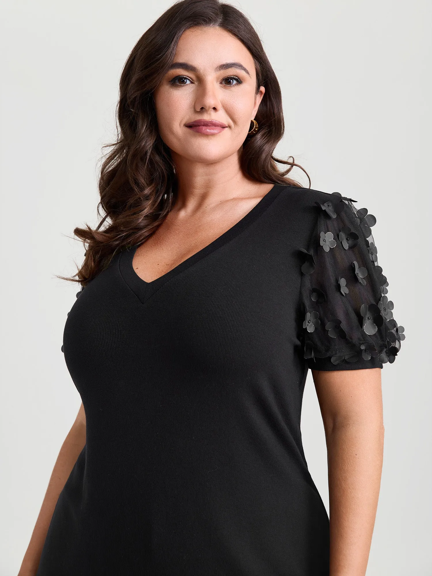 Floral Textured Sheer Sleeve V-Neck Blouse sold by Bloomchic