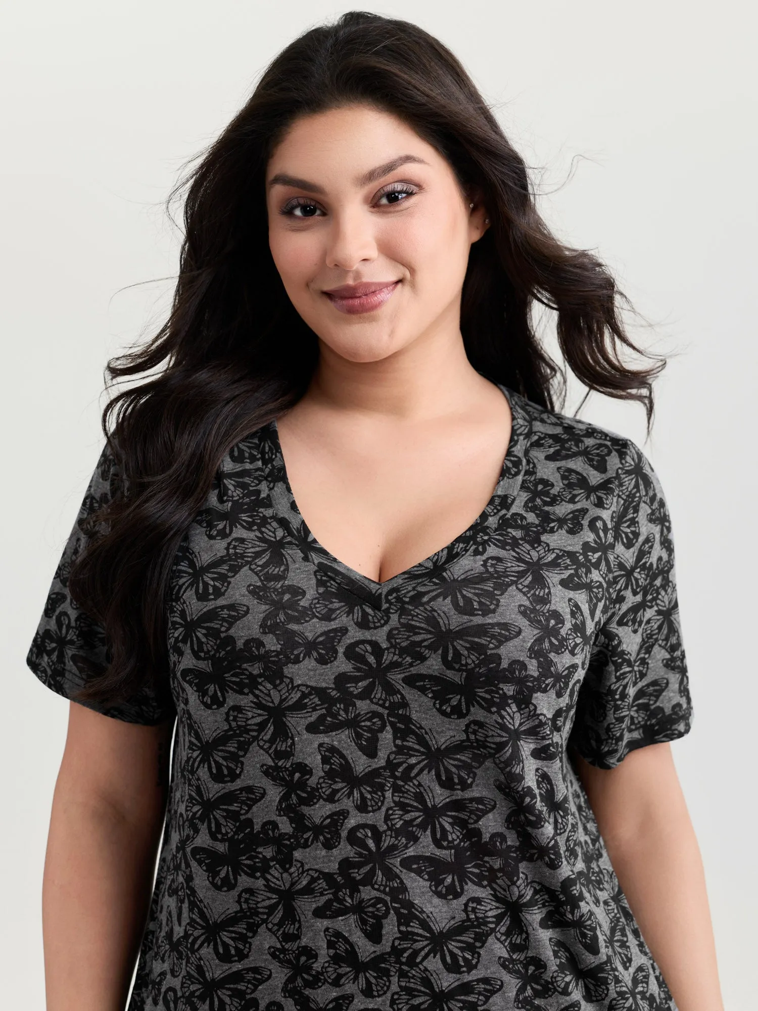 Textured Butterfly Pattern V-Neck T-Shirt sold by Bloomchic product image thumbnail 2