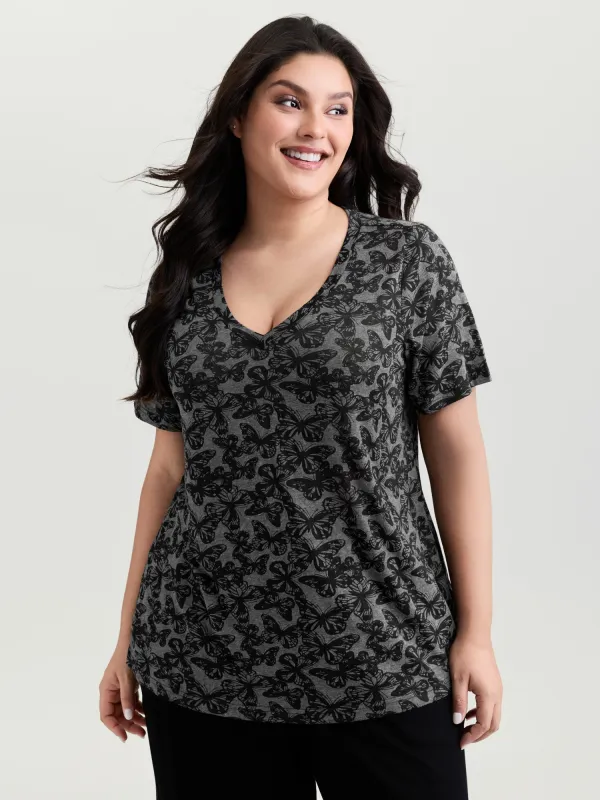 Textured Butterfly Pattern V-Neck T-Shirt made by Bloomchic