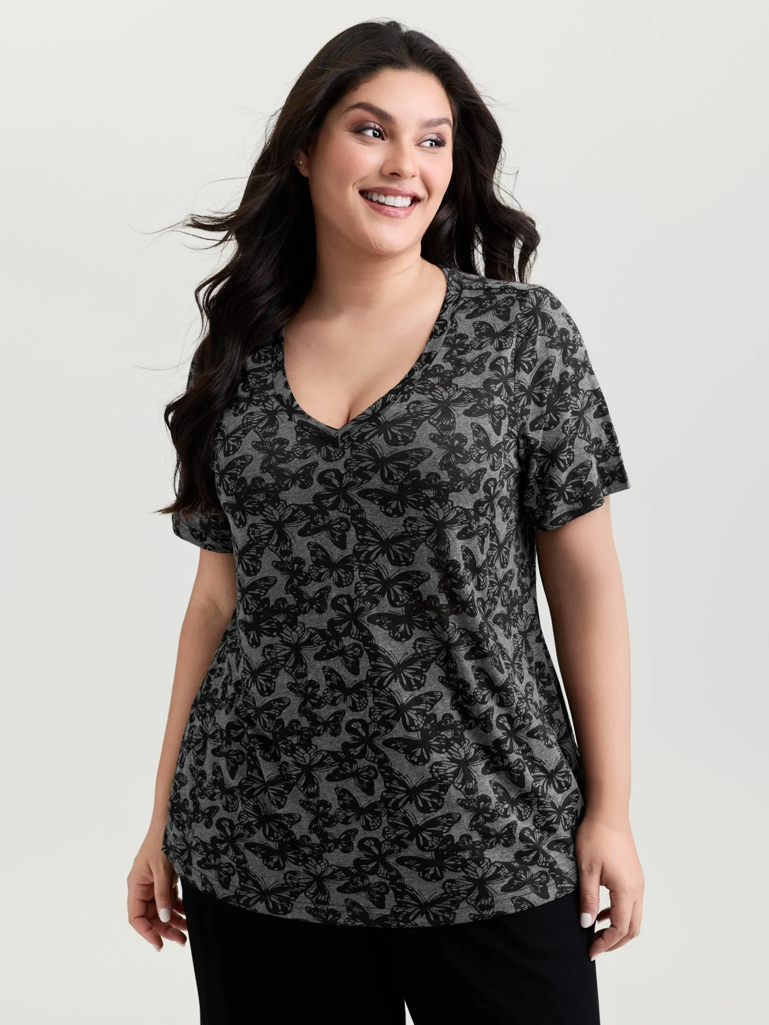 Textured Butterfly Pattern V-Neck T-Shirt sold by Bloomchic