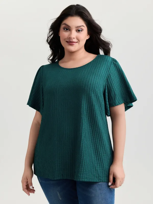 Textured Flared Sleeve Round Neck Knit Top made by Bloomchic