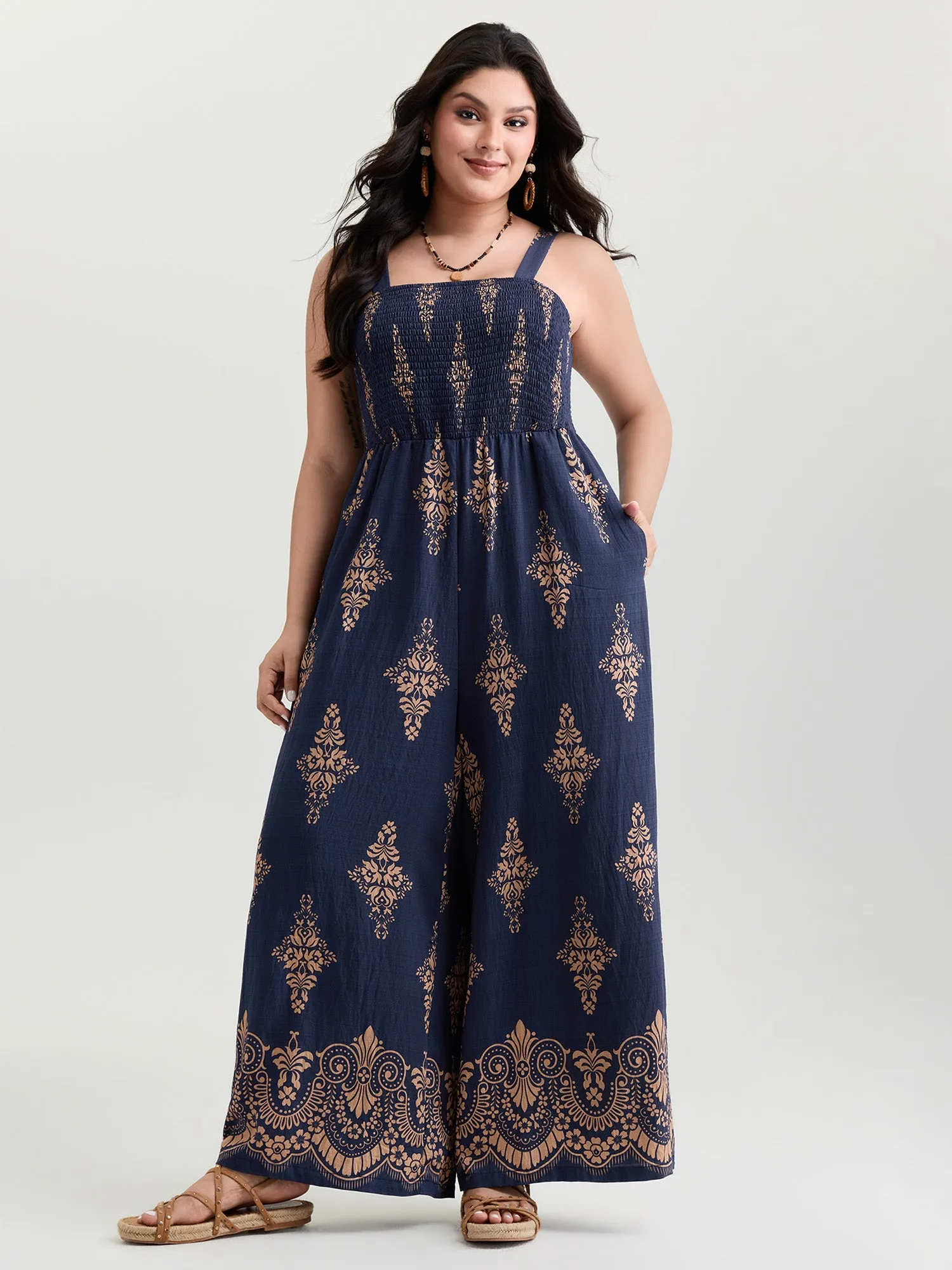 Geometric Print Waist-Defining Shirred Jumpsuit sold by Bloomchic product image thumbnail 3