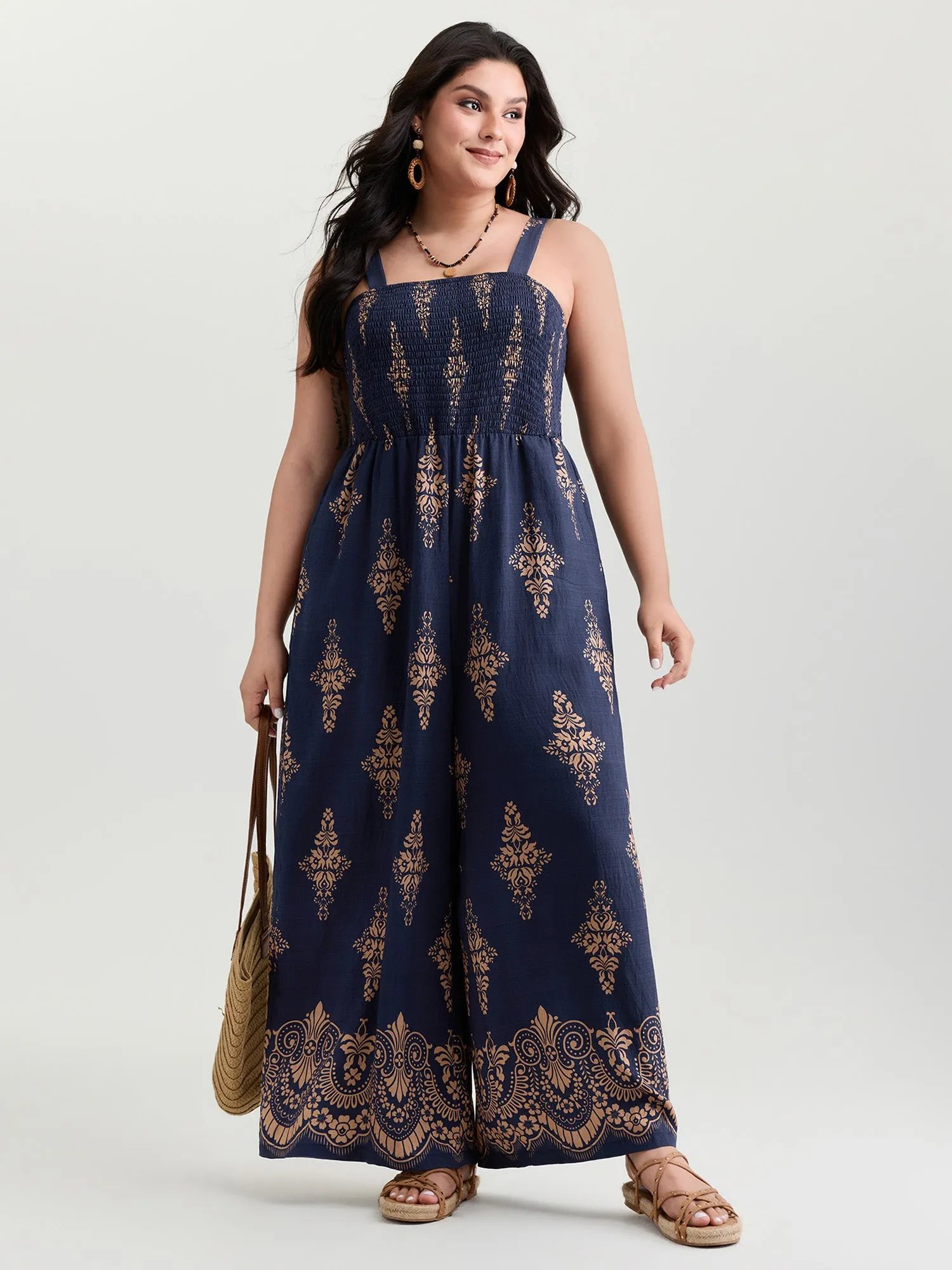 Geometric Print Waist-Defining Shirred Jumpsuit sold by Bloomchic