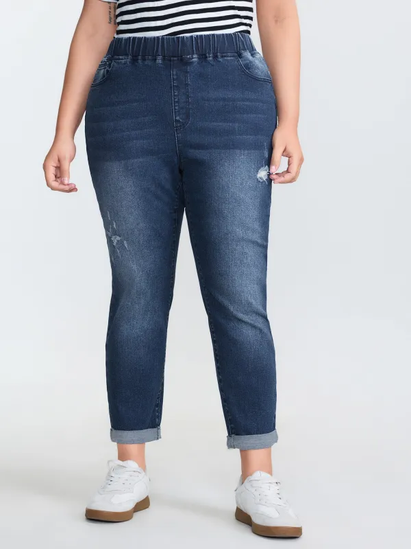 Pull-On Stretchy Waist Ripped Detail Jeans made by Bloomchic