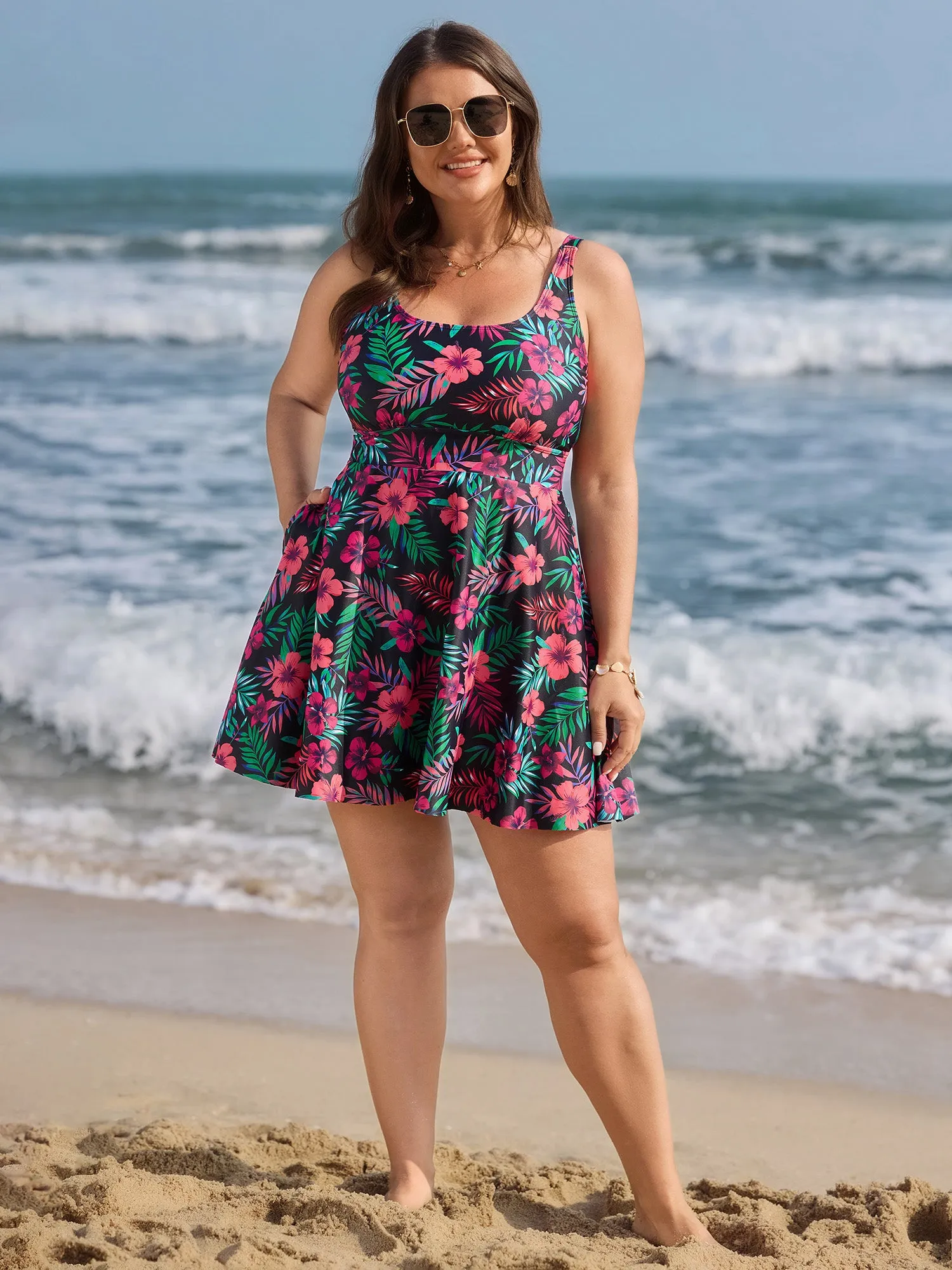 Vibrant Tropical Floral Print Pockets Swim Dress sold by Bloomchic product image thumbnail 3
