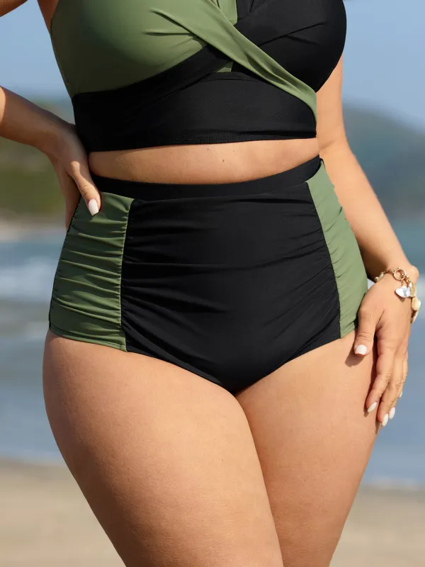 Shrink Pleated High-Waisted Contrast Swim Bottoms sold by Bloomchic
