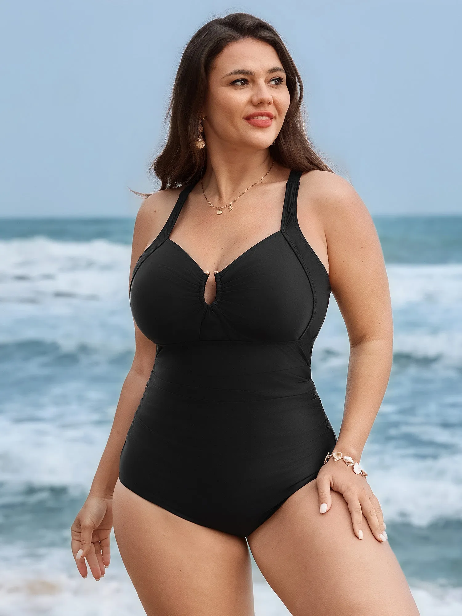 Glossy Fabric Ruched Tummy-Control One-Piece Swimsuit sold by Bloomchic