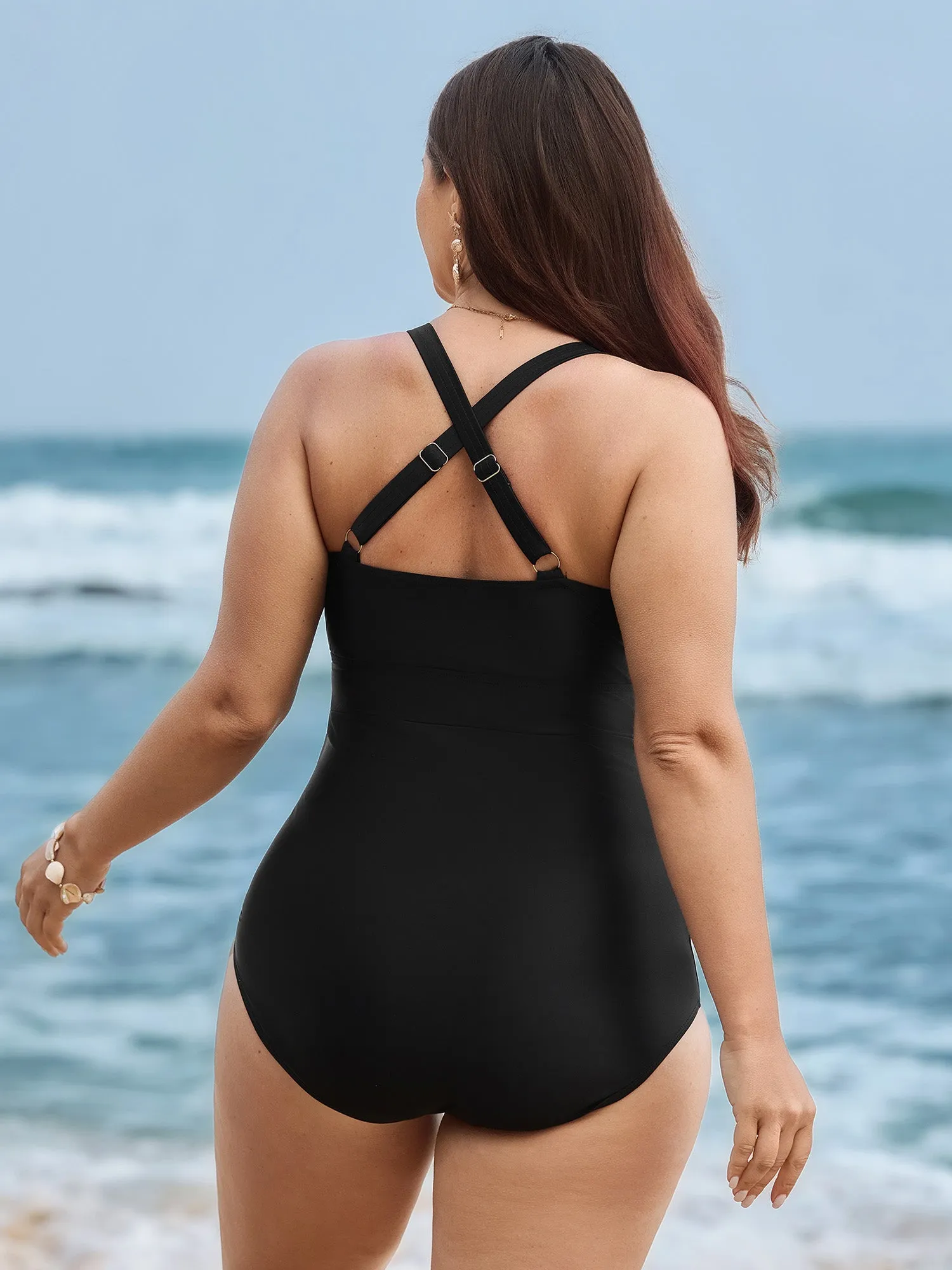 Glossy Fabric Ruched Tummy-Control One-Piece Swimsuit sold by Bloomchic product image thumbnail 4