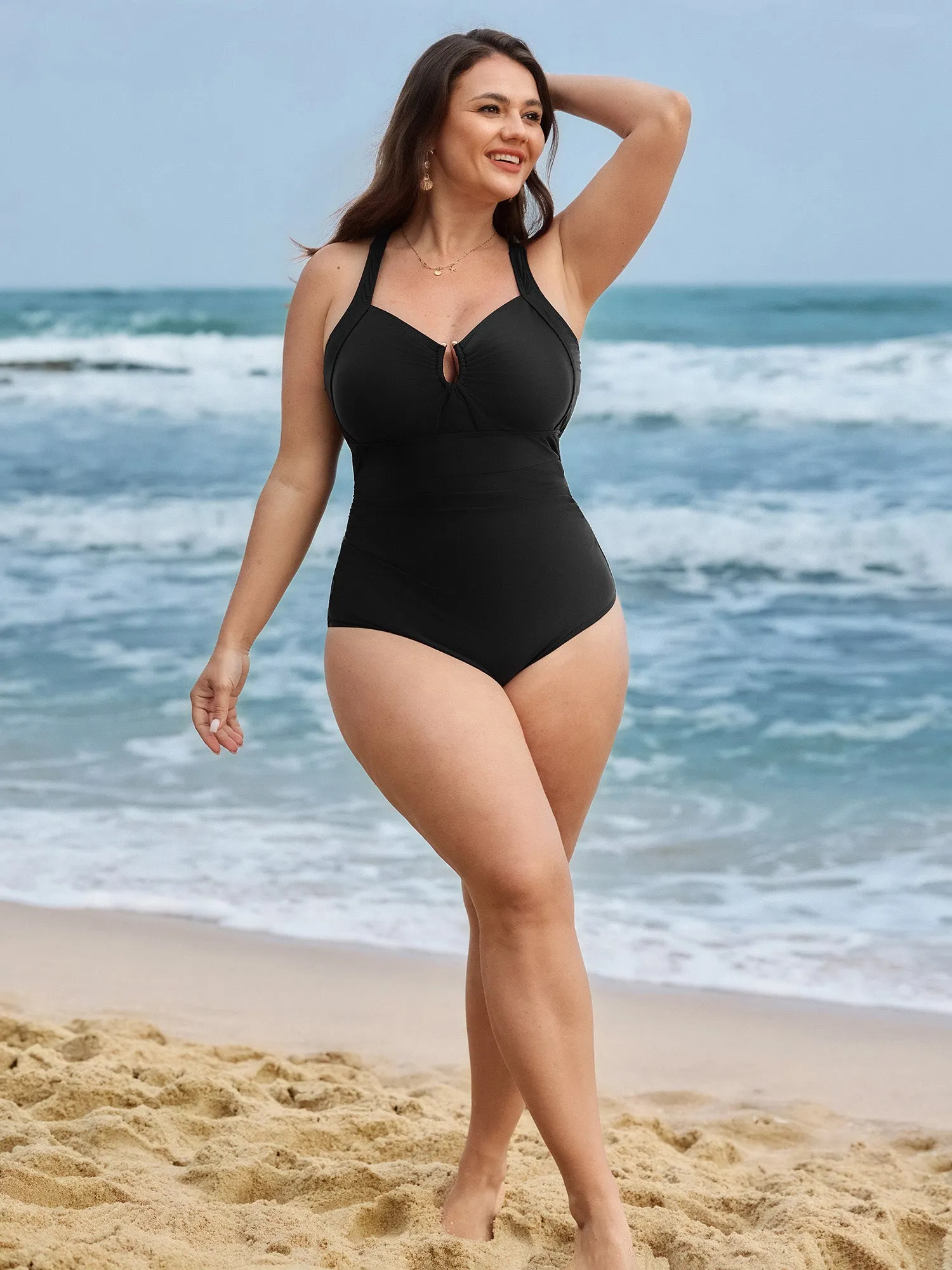 Glossy Fabric Ruched Tummy-Control One-Piece Swimsuit sold by Bloomchic product image thumbnail 3