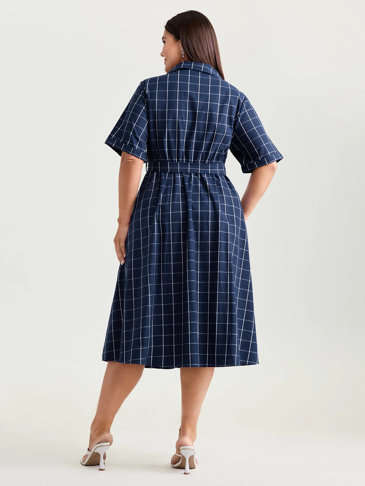 Cotton Checked Print Wrap Neckline Belted Midi Dress sold by Bloomchic product image thumbnail 4