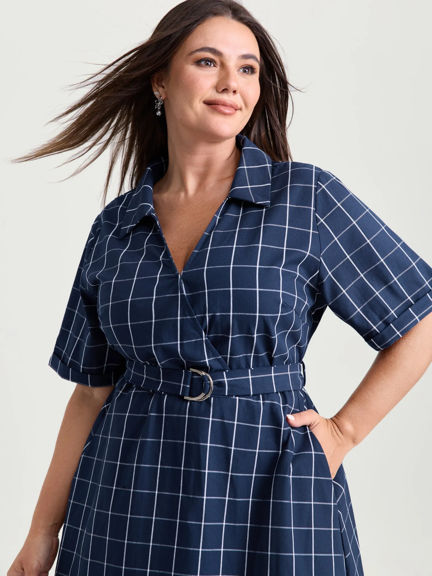 Cotton Checked Print Wrap Neckline Belted Midi Dress sold by Bloomchic product image thumbnail 2