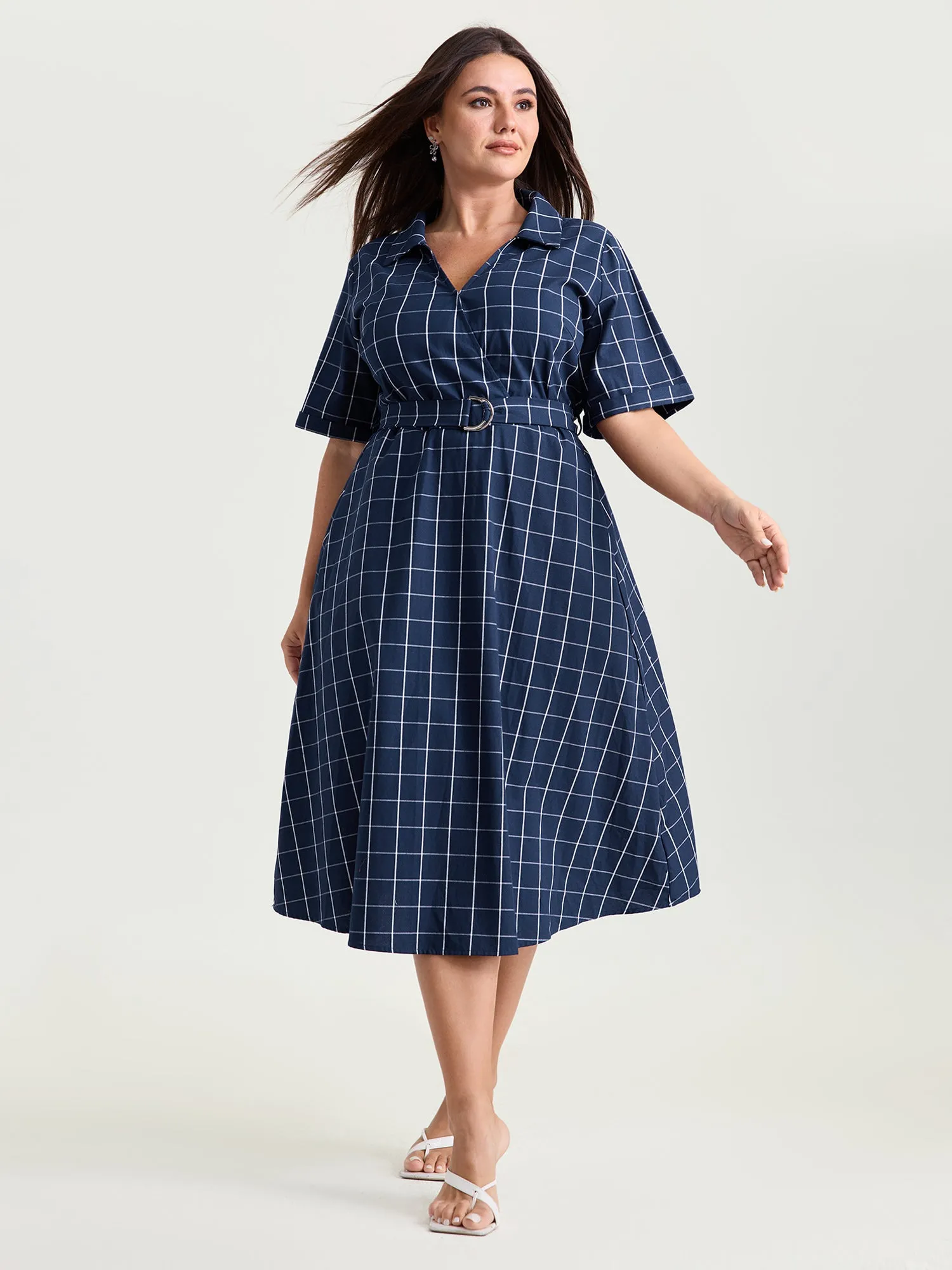 Cotton Checked Print Wrap Neckline Belted Midi Dress sold by Bloomchic product image thumbnail 3
