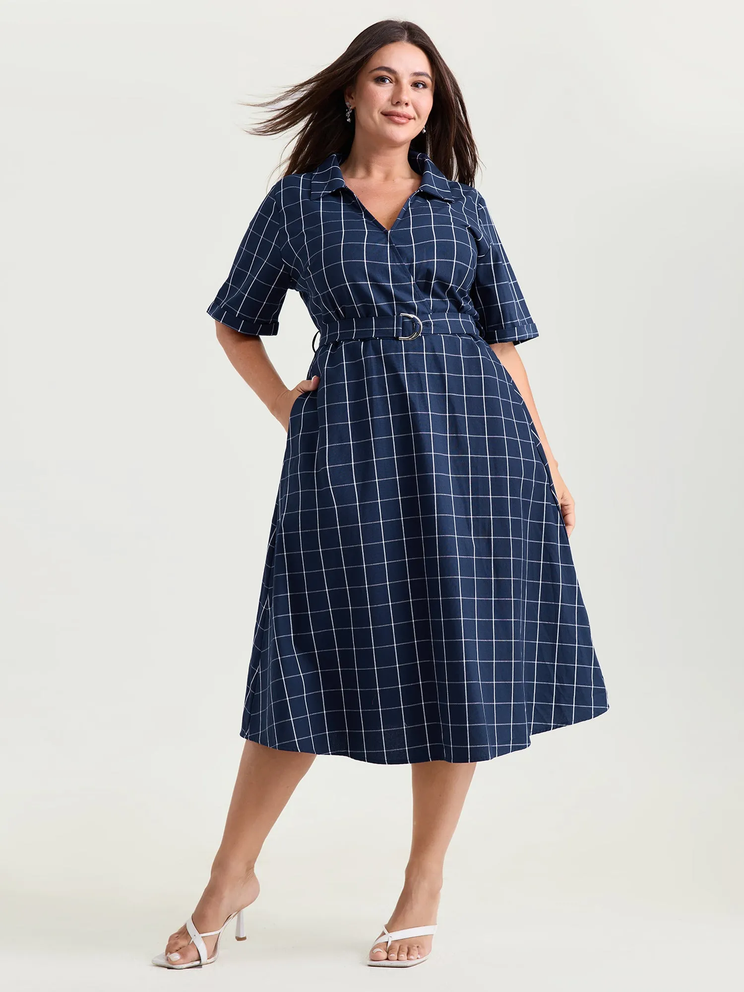 Cotton Checked Print Wrap Neckline Belted Midi Dress sold by Bloomchic