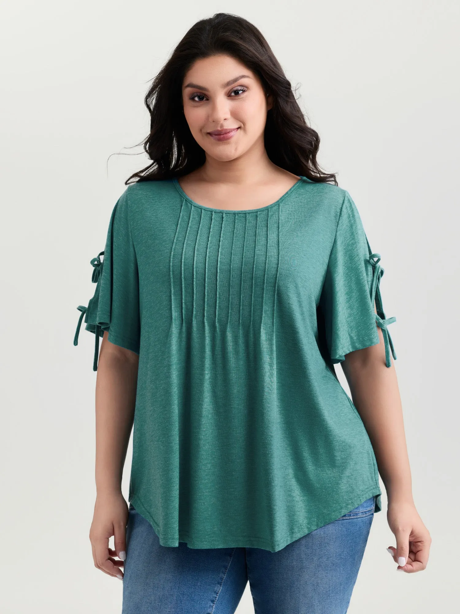 Supersoft Pleated Knot-Tie Sleeve T-Shirt sold by Bloomchic