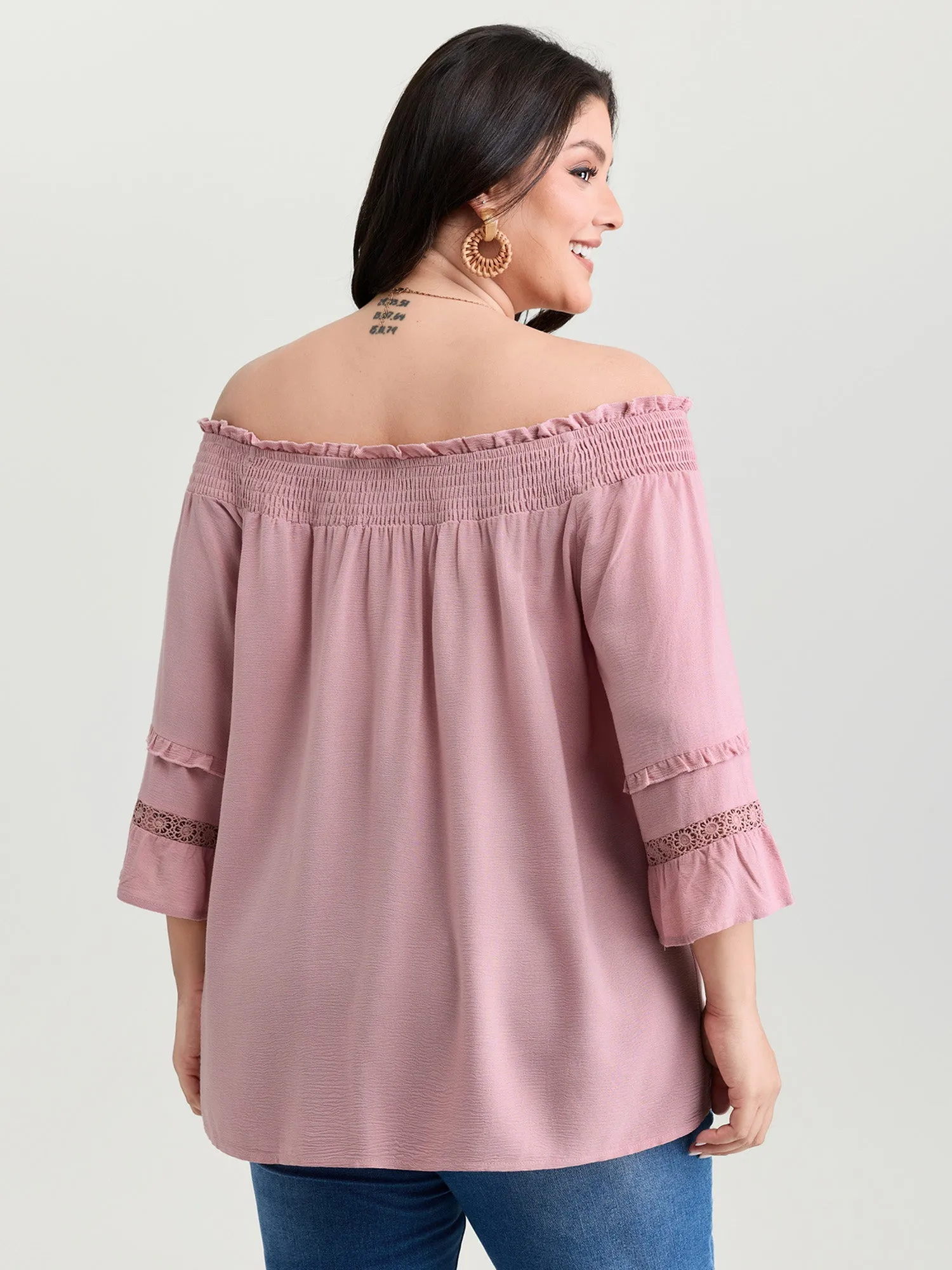 Supersoft Lace Trim Shirred Off-Shoulder Blouse sold by Bloomchic product image thumbnail 4