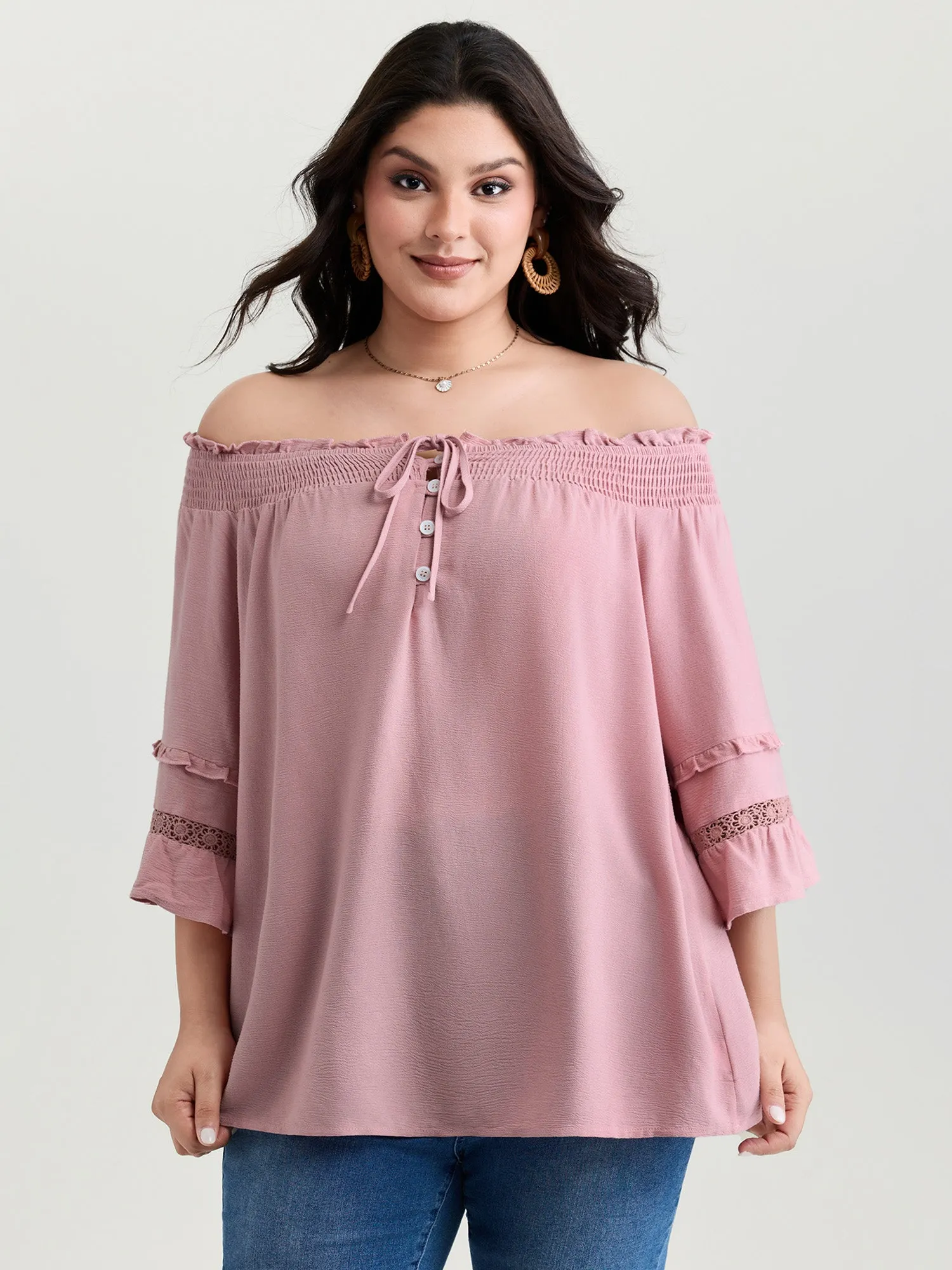 Supersoft Lace Trim Shirred Off-Shoulder Blouse sold by Bloomchic product image thumbnail 3