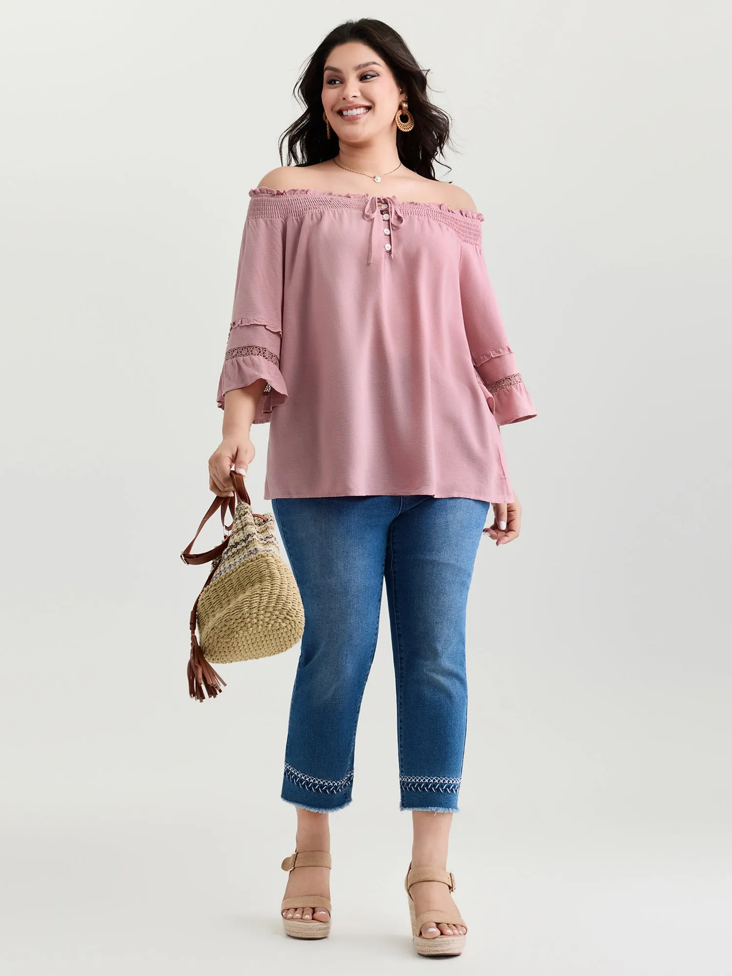 Supersoft Lace Trim Shirred Off-Shoulder Blouse sold by Bloomchic product image thumbnail 2