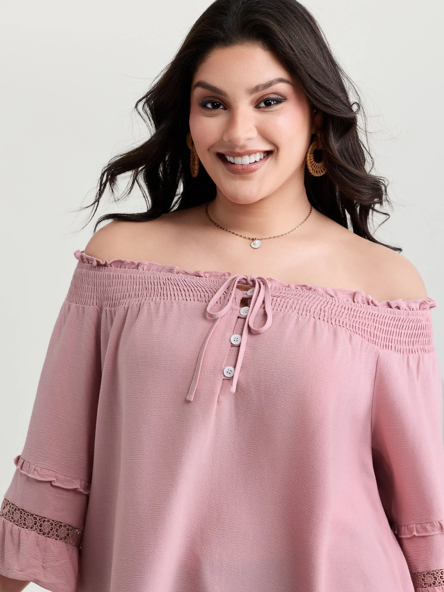 Supersoft Lace Trim Shirred Off-Shoulder Blouse sold by Bloomchic