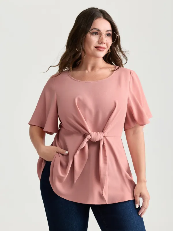 Cinched-Waist Knotted Plain Blouse made by Bloomchic