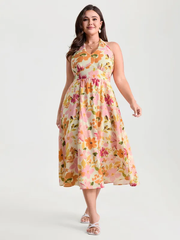 Bright Floral Print Halter Midi Dress sold by Bloomchic
