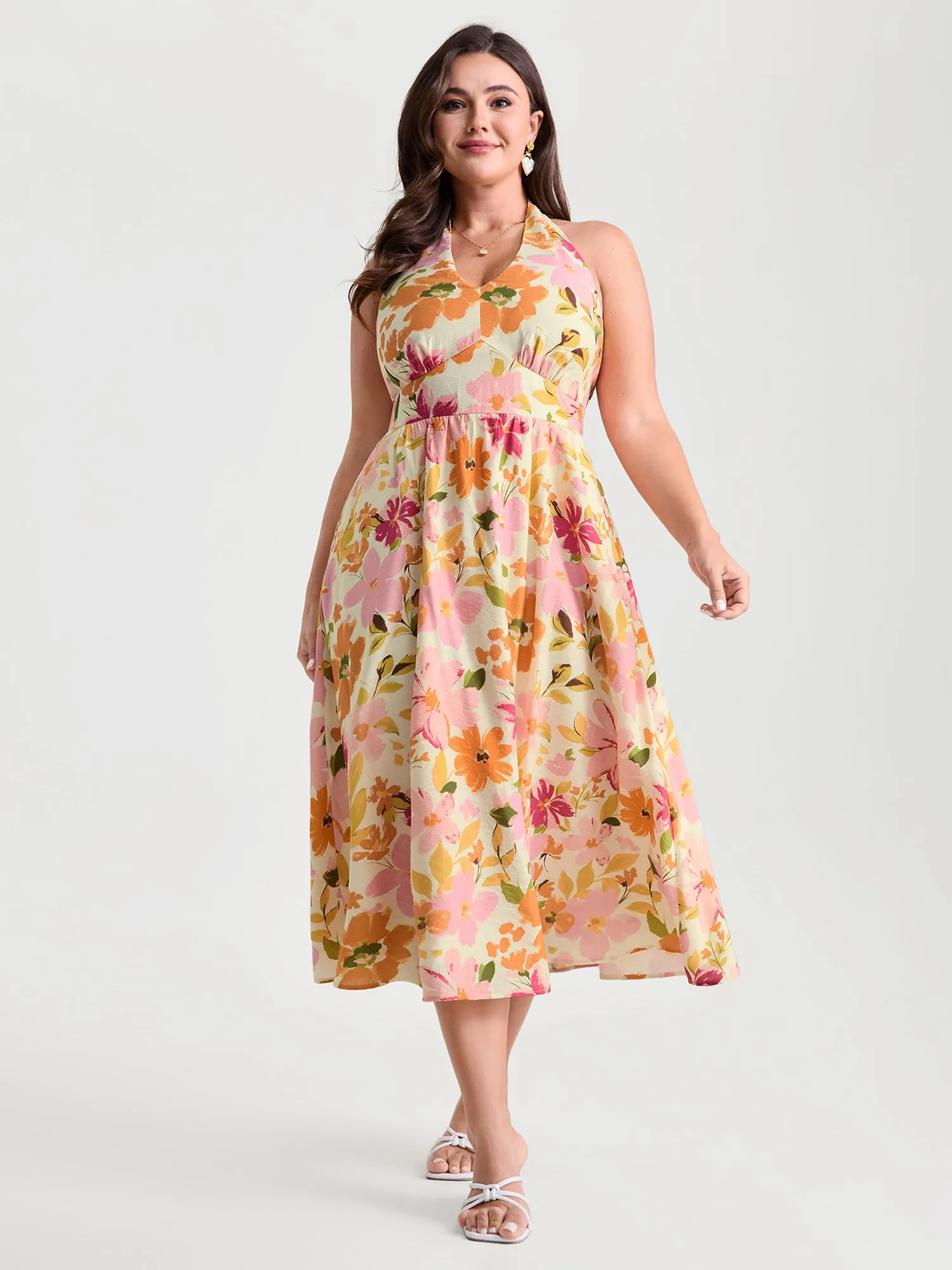 Bright Floral Print Halter Midi Dress sold by Bloomchic