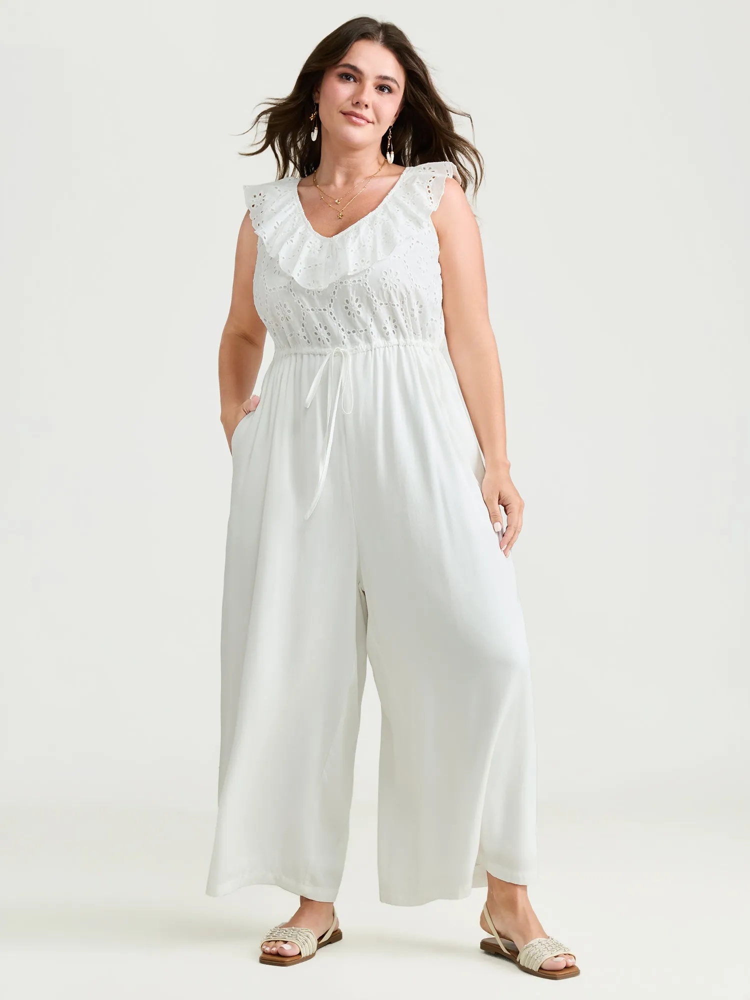 Ruffled Neckline Open Back-Tie Jumpsuit sold by Bloomchic