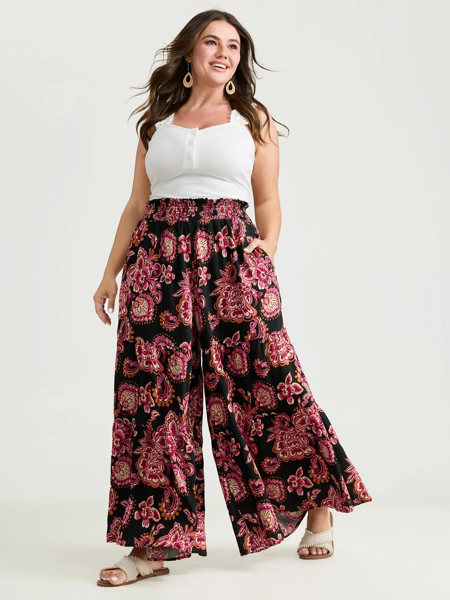 Large Floral Print Wide Shirred Waistband Pants sold by Bloomchic