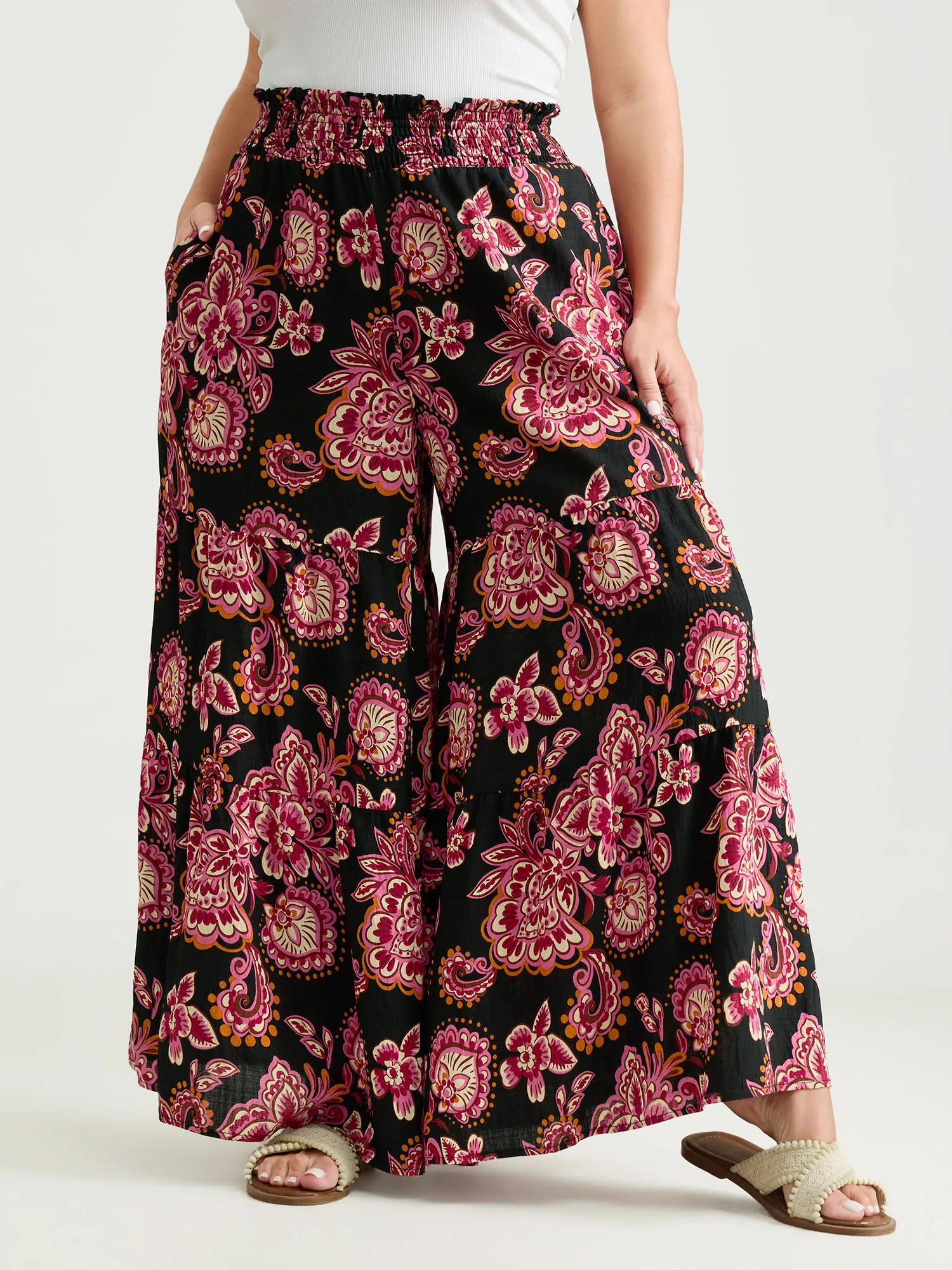 Large Floral Print Wide Shirred Waistband Pants sold by Bloomchic product image thumbnail 5