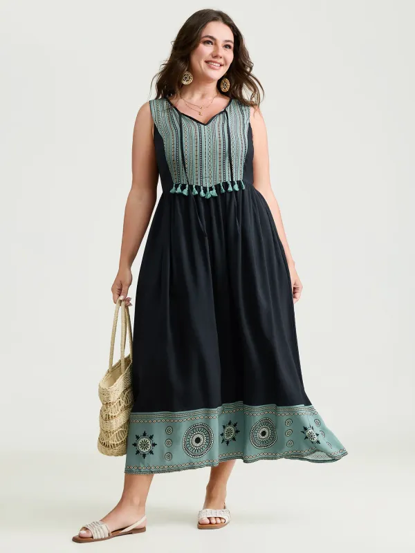 Color Contrast Floral Hem Sleeveless Midi Dress made by Bloomchic