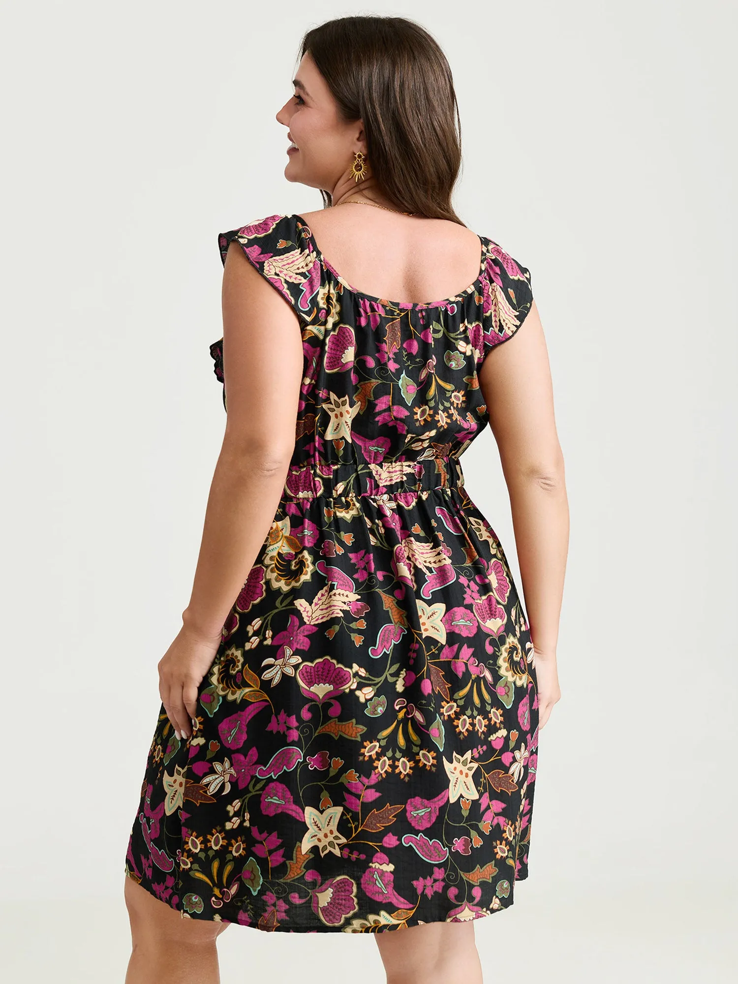 Vibrant Floral Print Ruffled Neckline Mini Dress sold by Bloomchic product image thumbnail 4