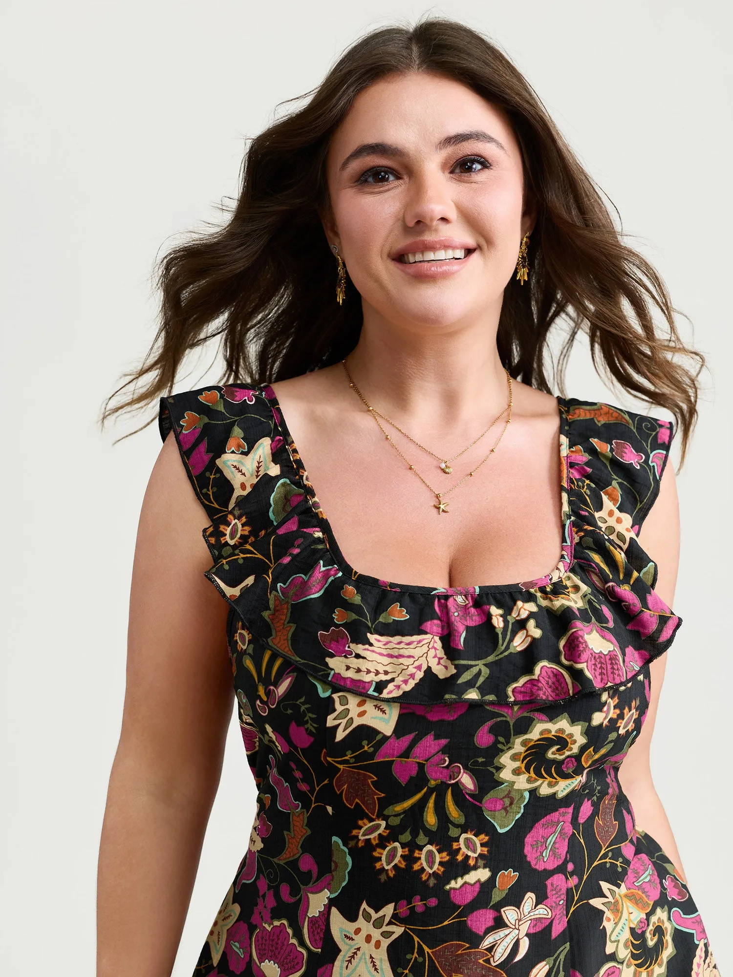 Vibrant Floral Print Ruffled Neckline Mini Dress sold by Bloomchic product image thumbnail 2