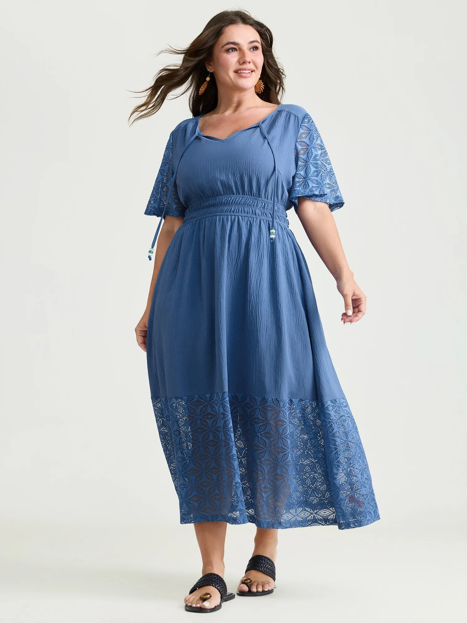 Sheer Floral Texture Drawstring Neckline Midi Dress sold by Bloomchic product image thumbnail 3