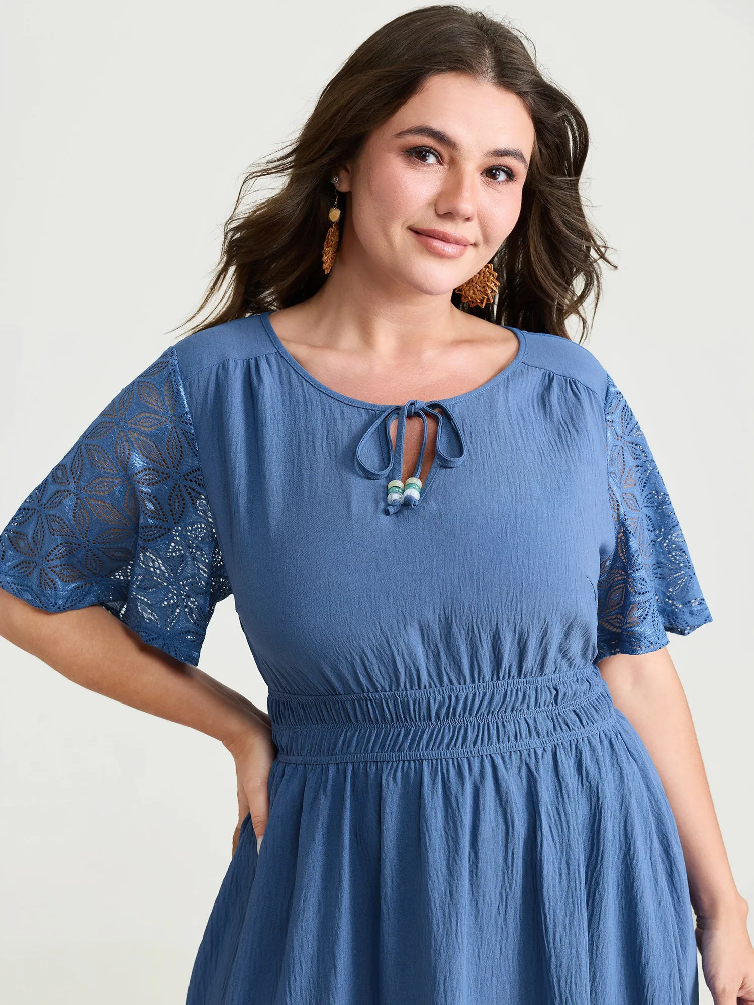 Sheer Floral Texture Drawstring Neckline Midi Dress sold by Bloomchic product image thumbnail 2