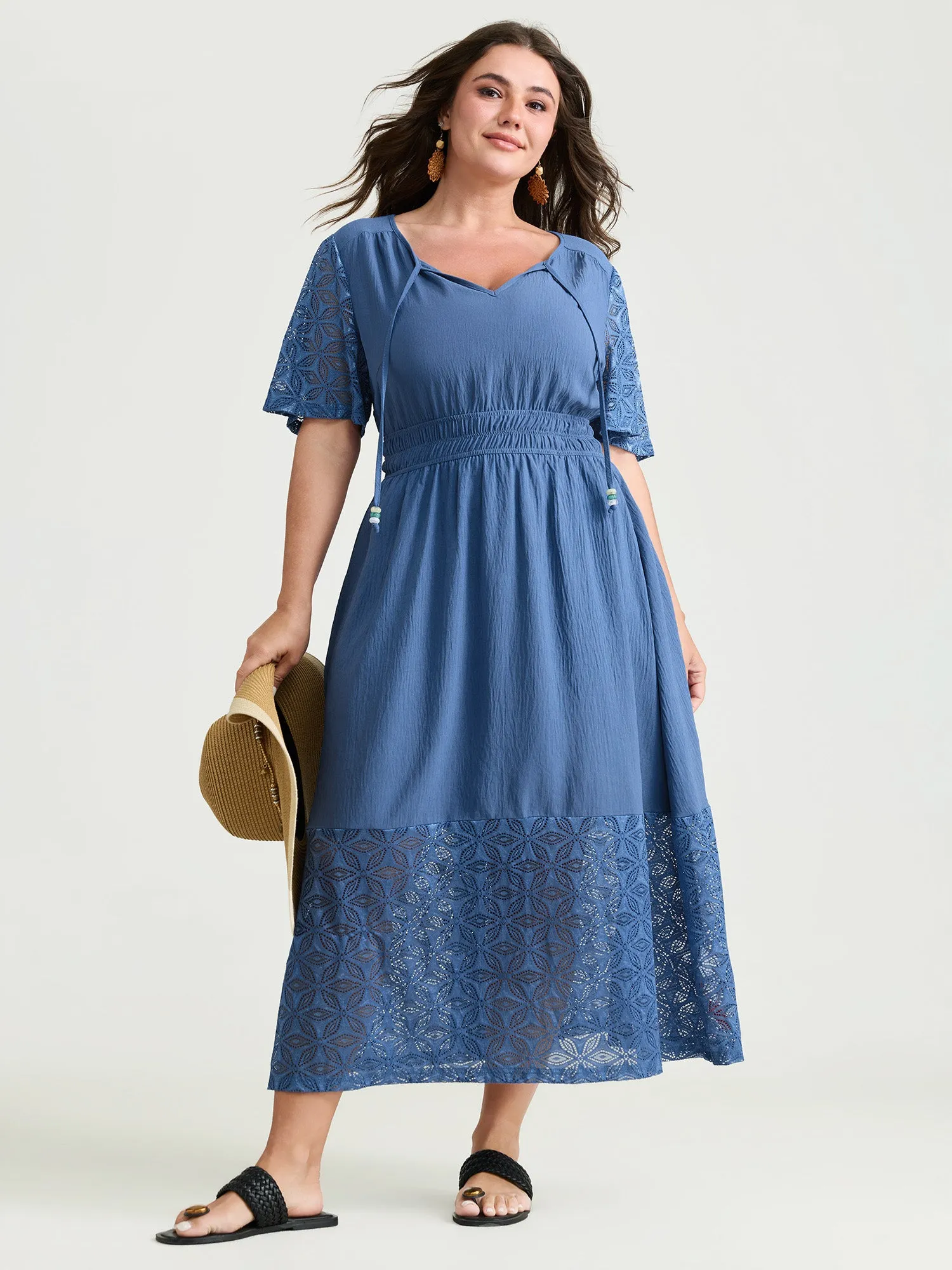 Sheer Floral Texture Drawstring Neckline Midi Dress sold by Bloomchic