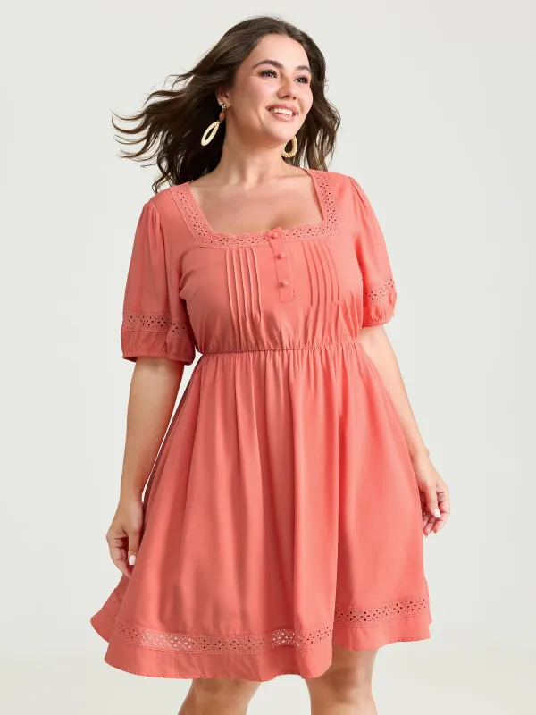 Lace Square Neckline Bubble Sleeve Mini Dress made by Bloomchic