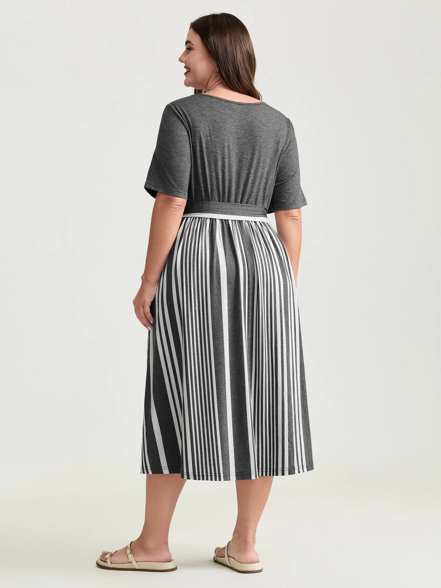 Stretchy Monochrome Striped Belted Waist Midi Dress sold by Bloomchic product image thumbnail 5