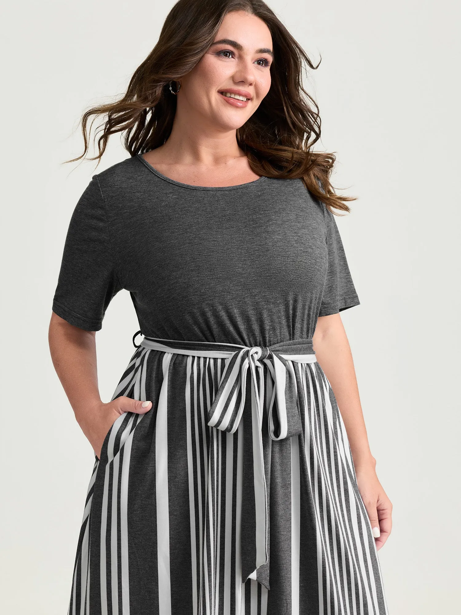 Stretchy Monochrome Striped Belted Waist Midi Dress sold by Bloomchic product image thumbnail 2