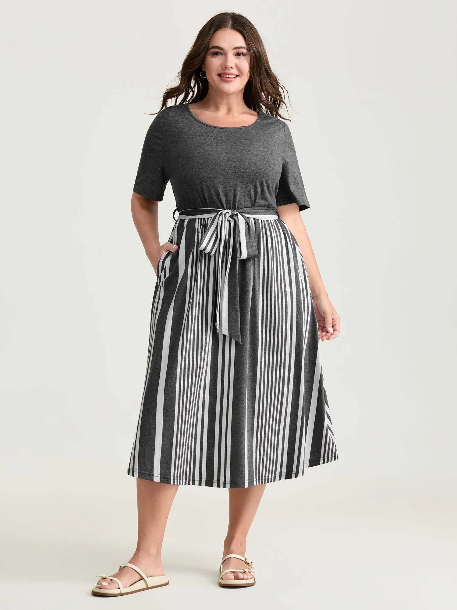 Stretchy Monochrome Striped Belted Waist Midi Dress sold by Bloomchic