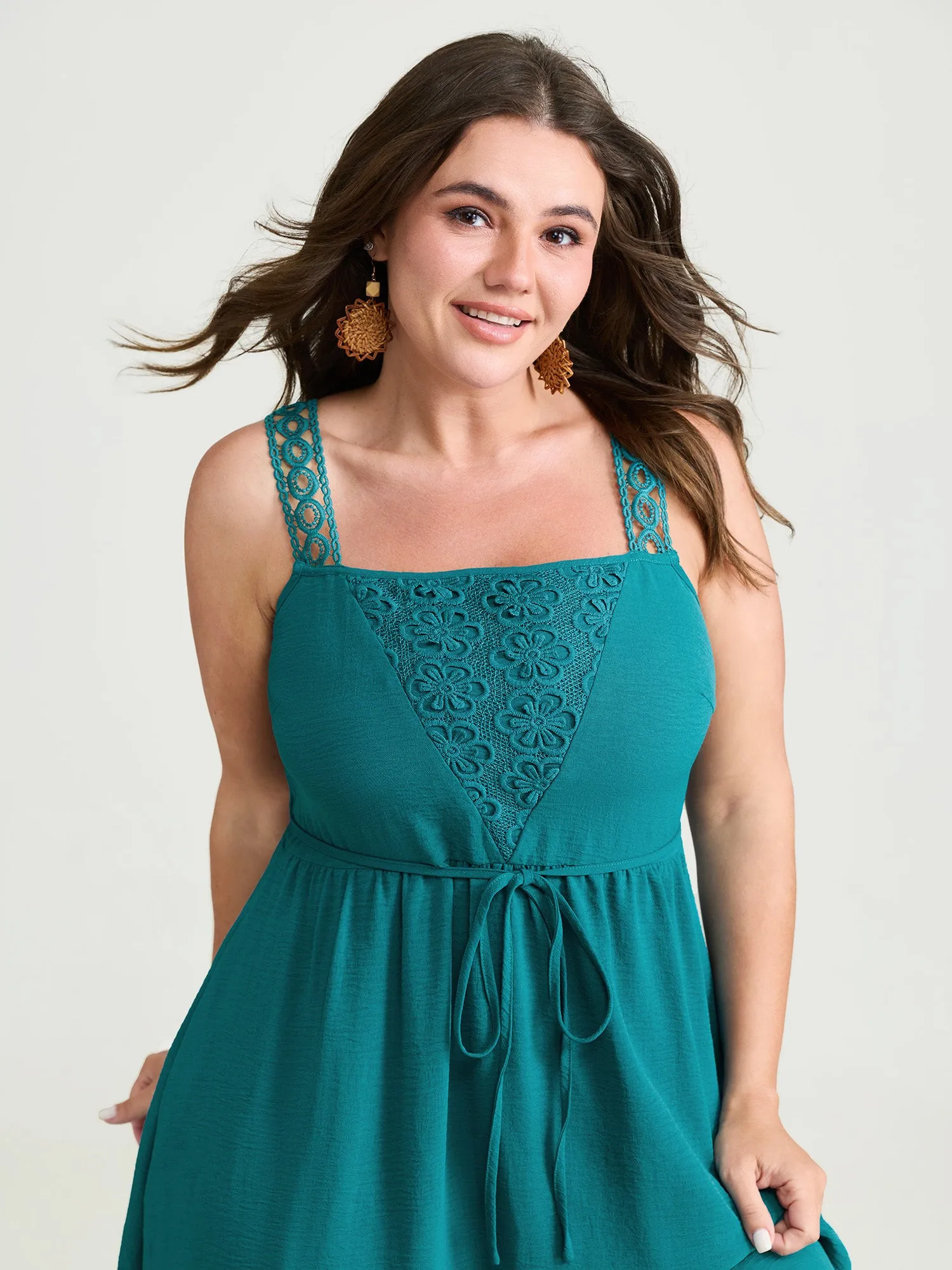 Floral Lace Textured Neckline Wide Strap Midi Dress sold by Bloomchic