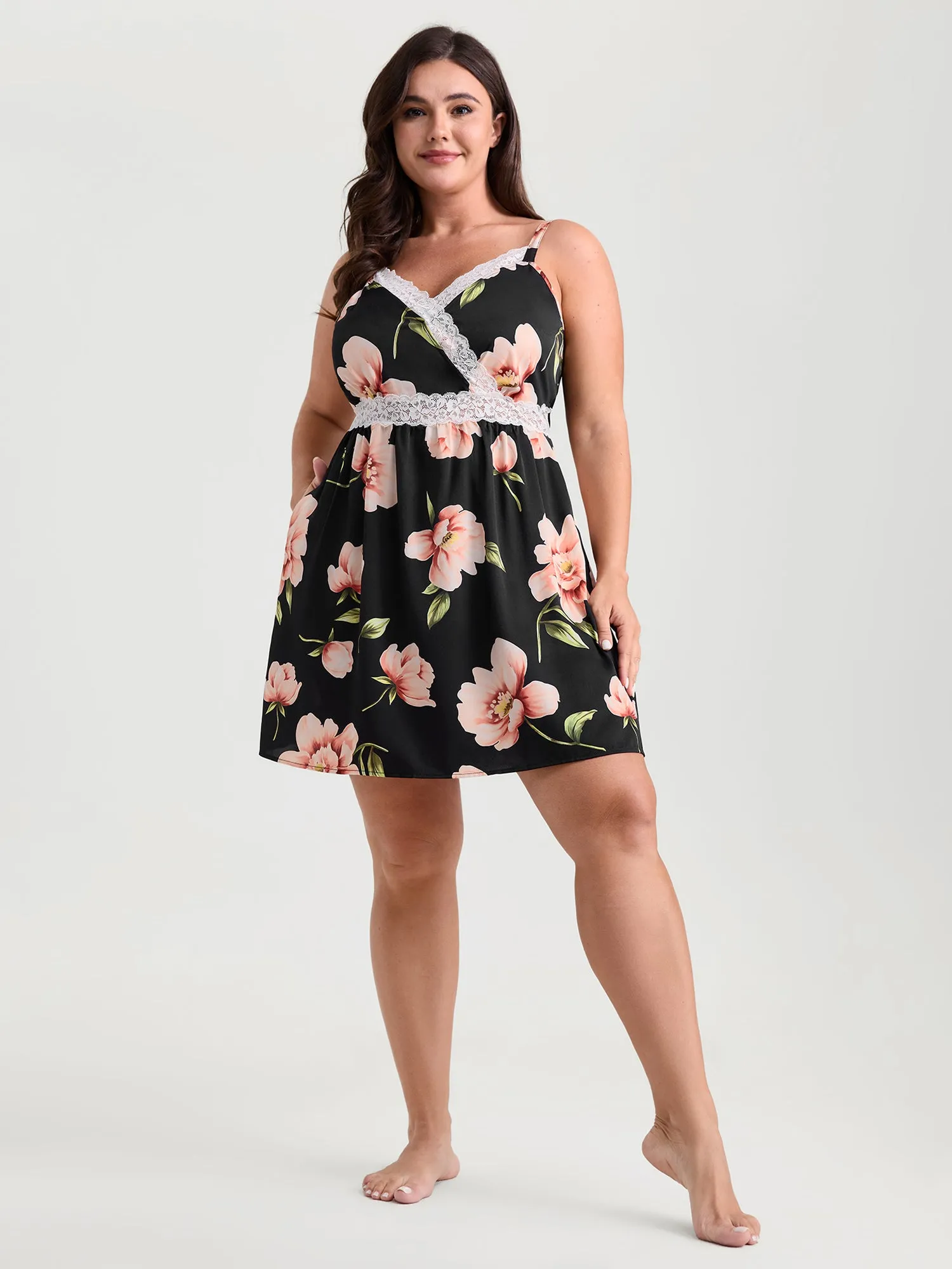 Large Floral Print Lace Trim Lounge Dress sold by Bloomchic product image thumbnail 3