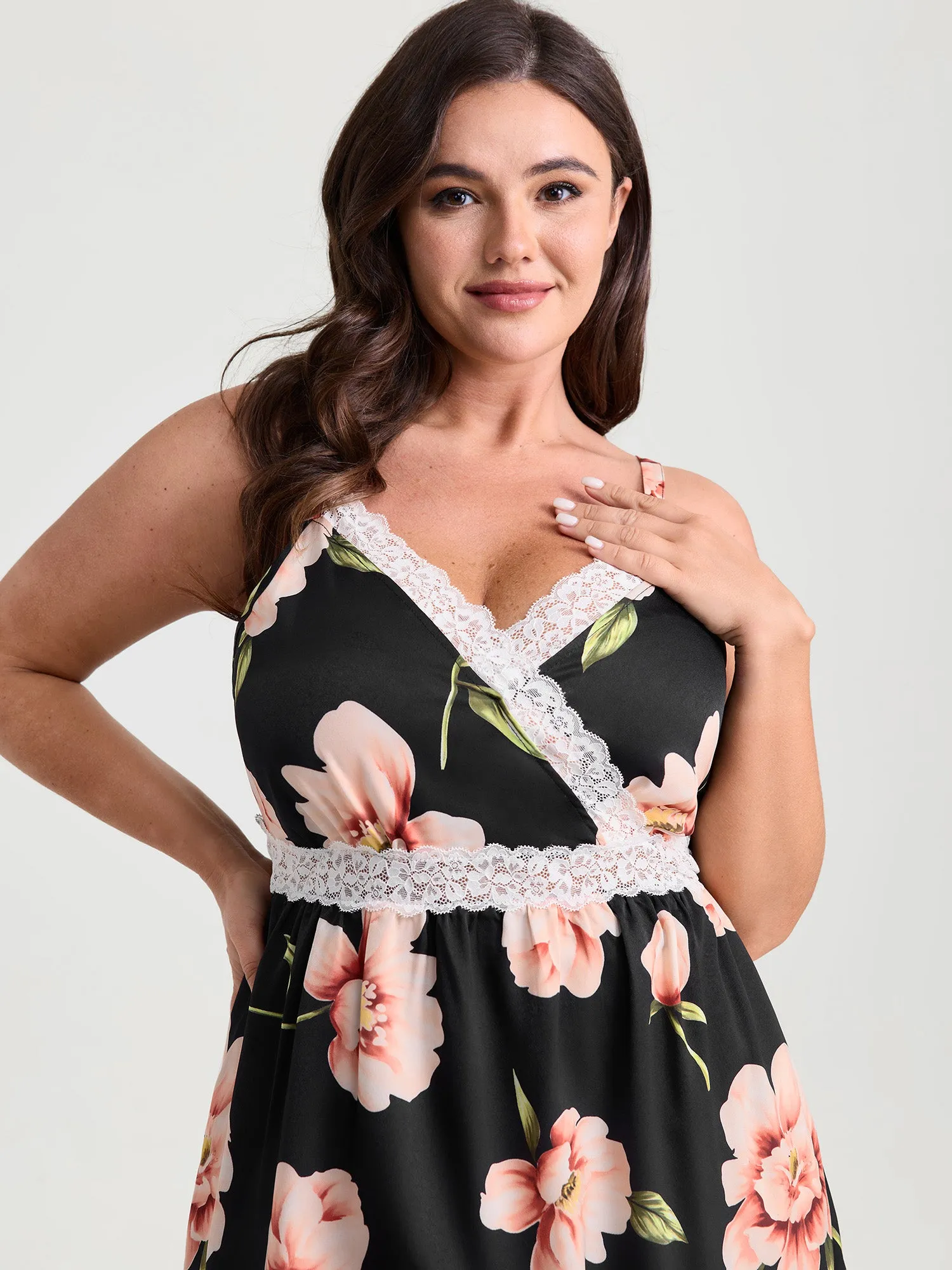 Large Floral Print Lace Trim Lounge Dress sold by Bloomchic product image thumbnail 2