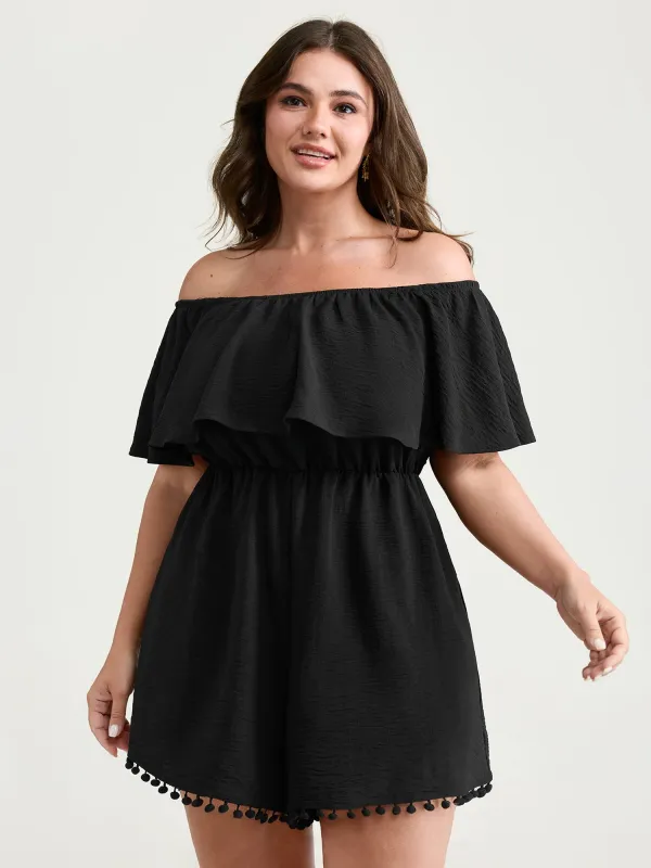 Off-Shoulder Tassel Hem Romper sold by Bloomchic