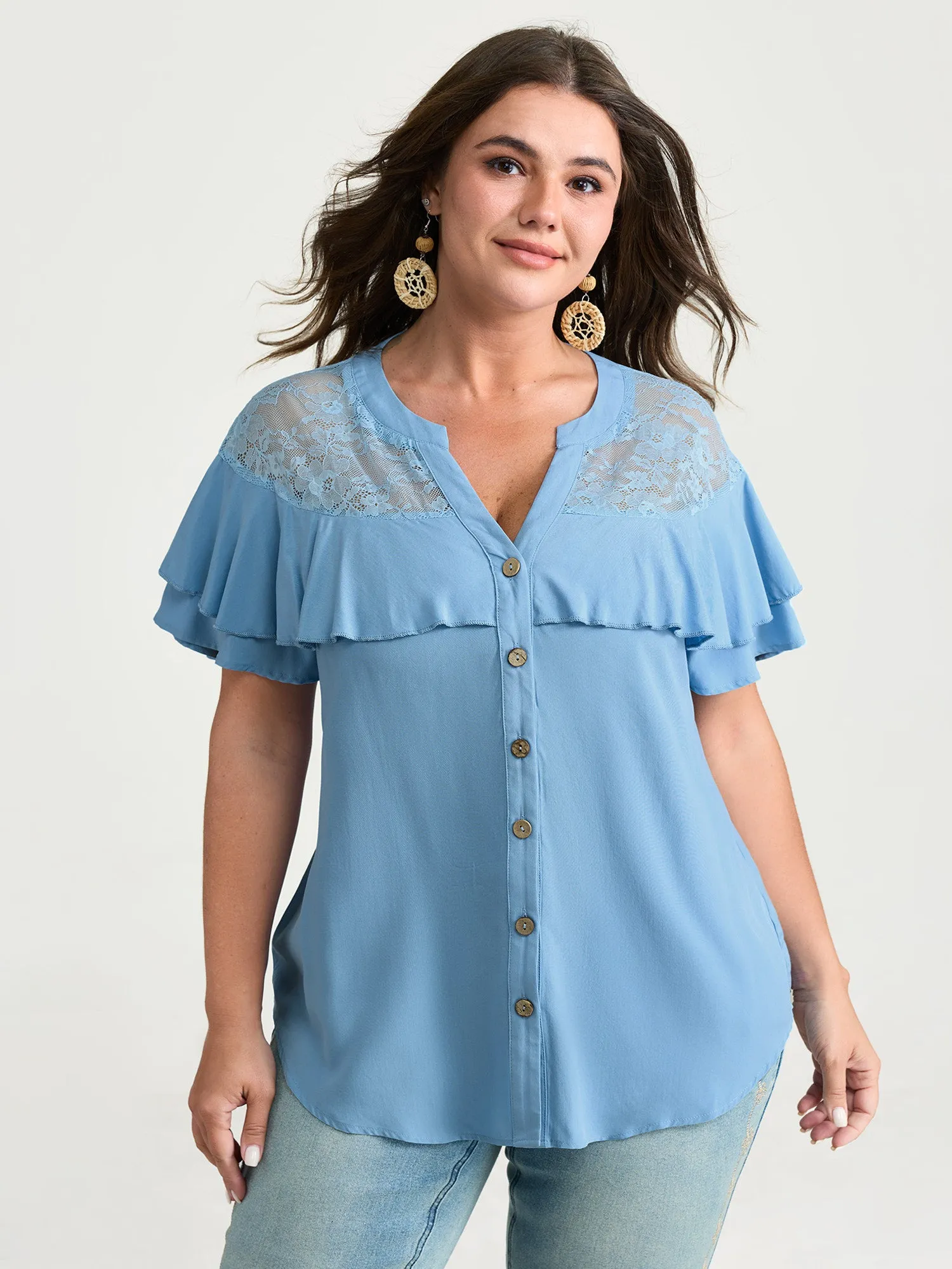 Sheer Ruffled Button Placket Blouse sold by Bloomchic