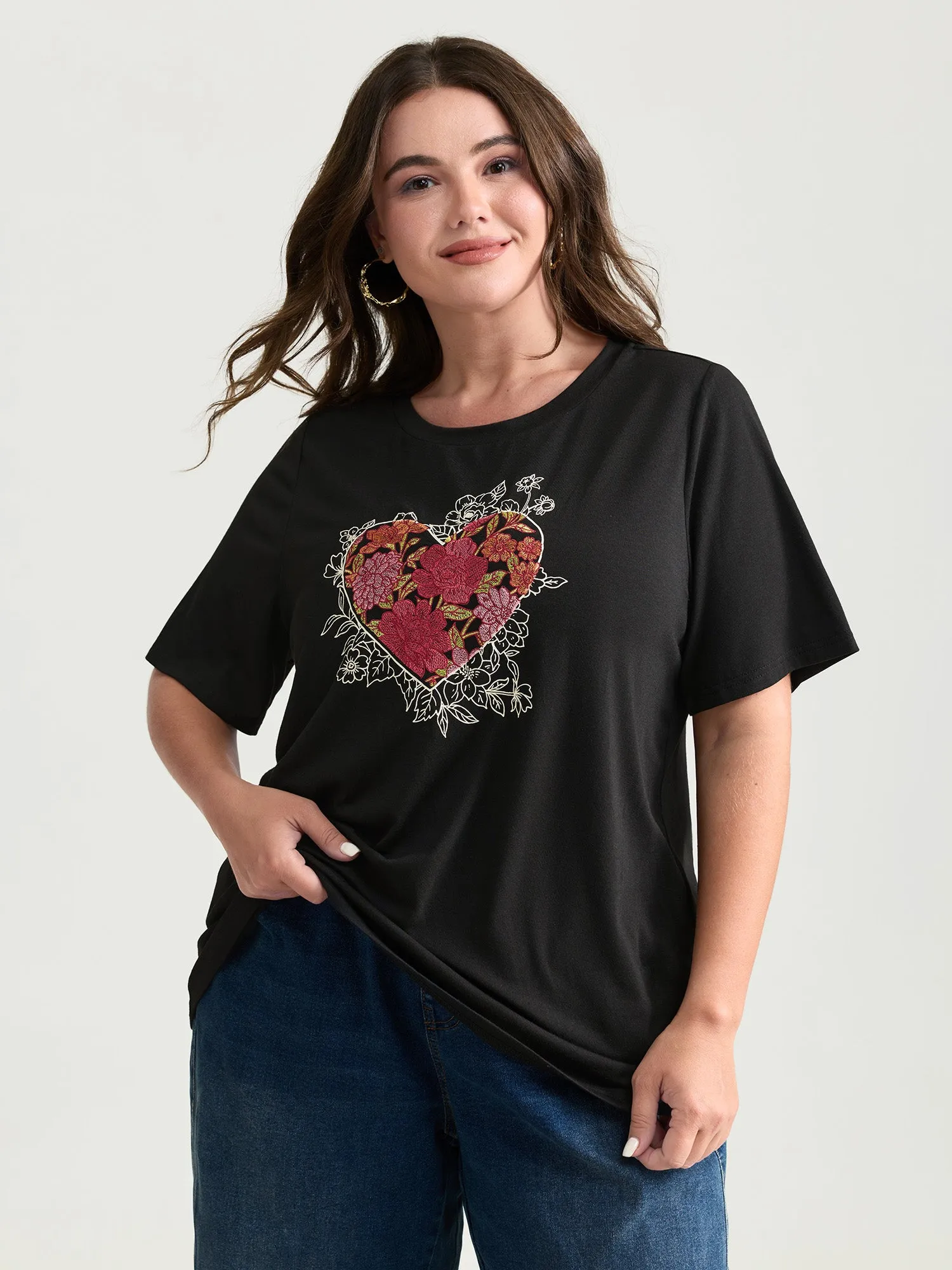 Floral Heart Plain Stretchy T-Shirt sold by Bloomchic