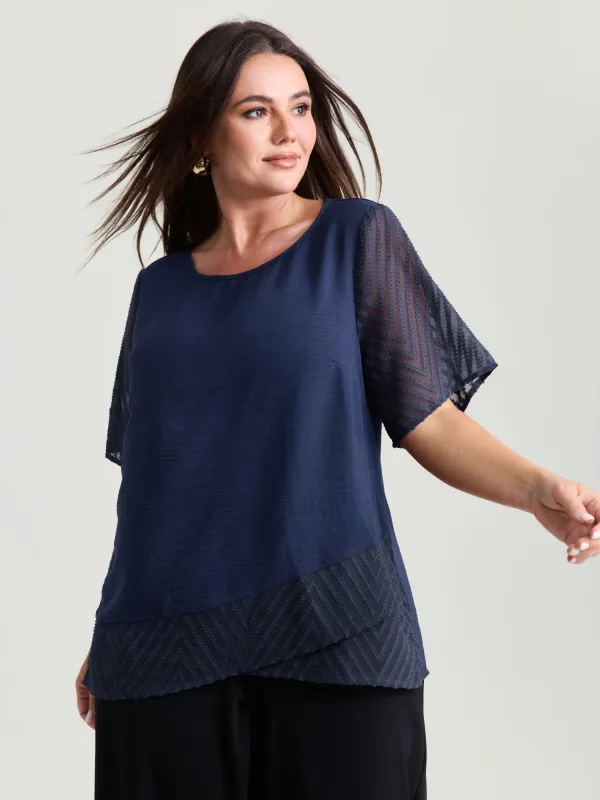 Sheer Textured Sleeve Round Neck Blouse sold by Bloomchic