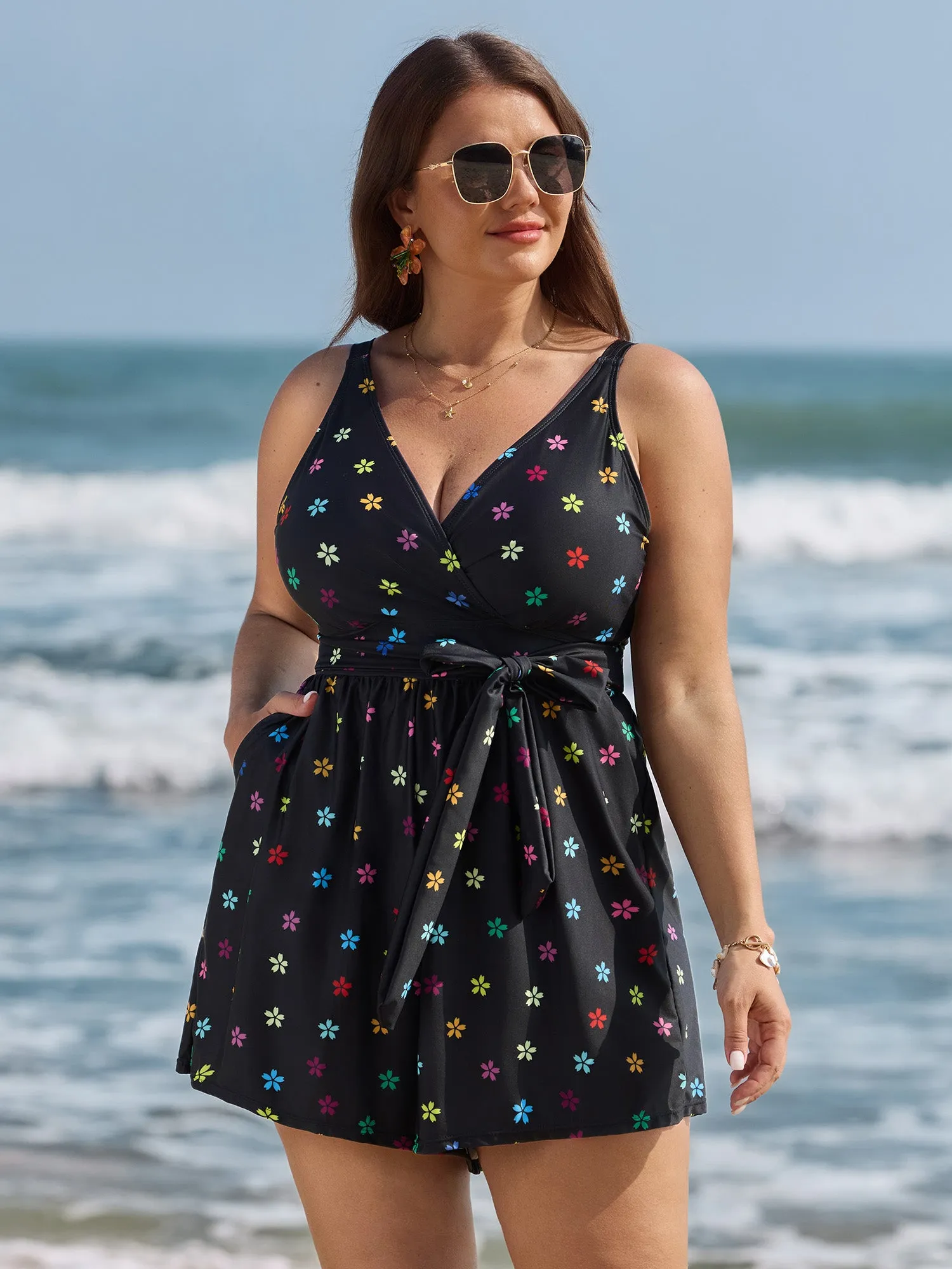 Floral Non-Removable Belt One-Piece Swimsuit sold by Bloomchic
